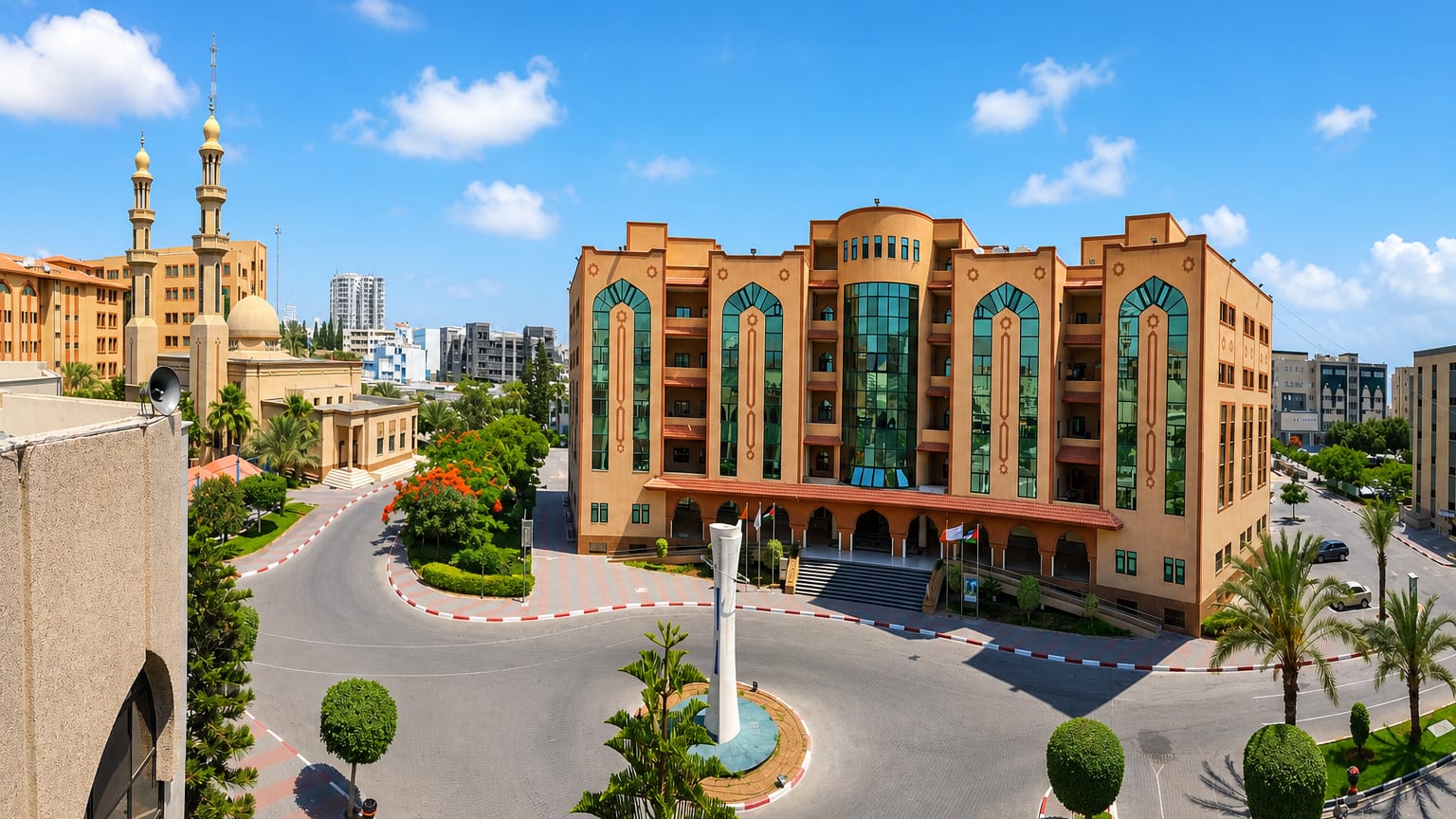 Ornate mid-rise building beside a twin-minaret mosque and a monument roundabout with palm trees in Gaza City.
