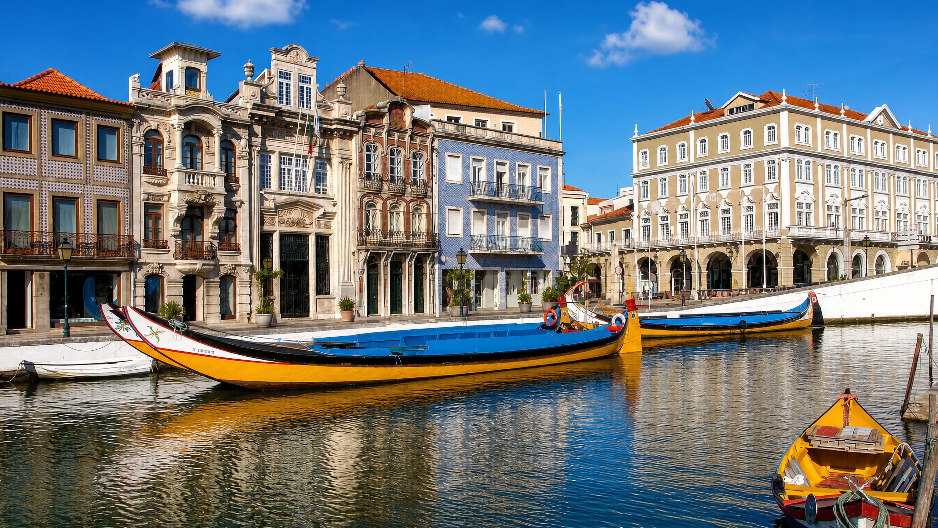 Moliceiro boats moored on Aveiro's Canal Central below Art Nouveau azulejo-tiled facades under a blue sky.