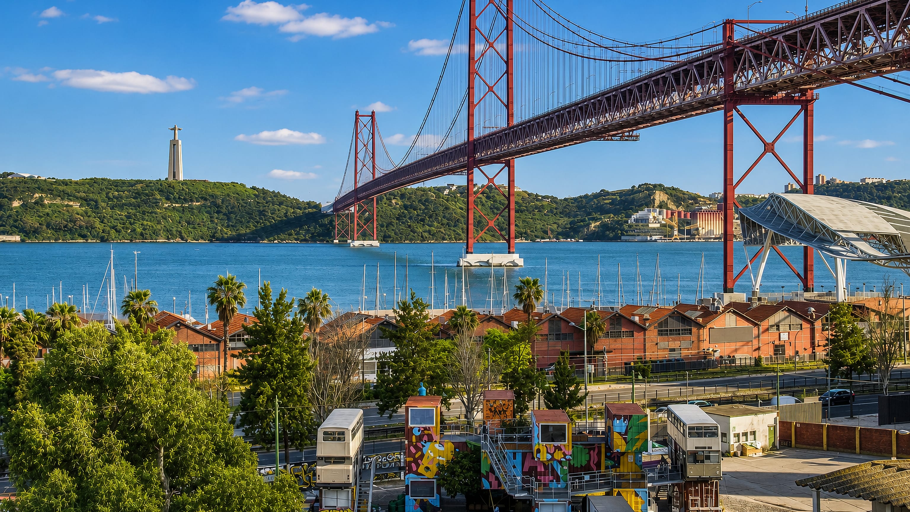The 25 de Abril Bridge over the Tagus at Alcântara, Lisbon, above warehouse rows, with Cristo Rei beyond.
