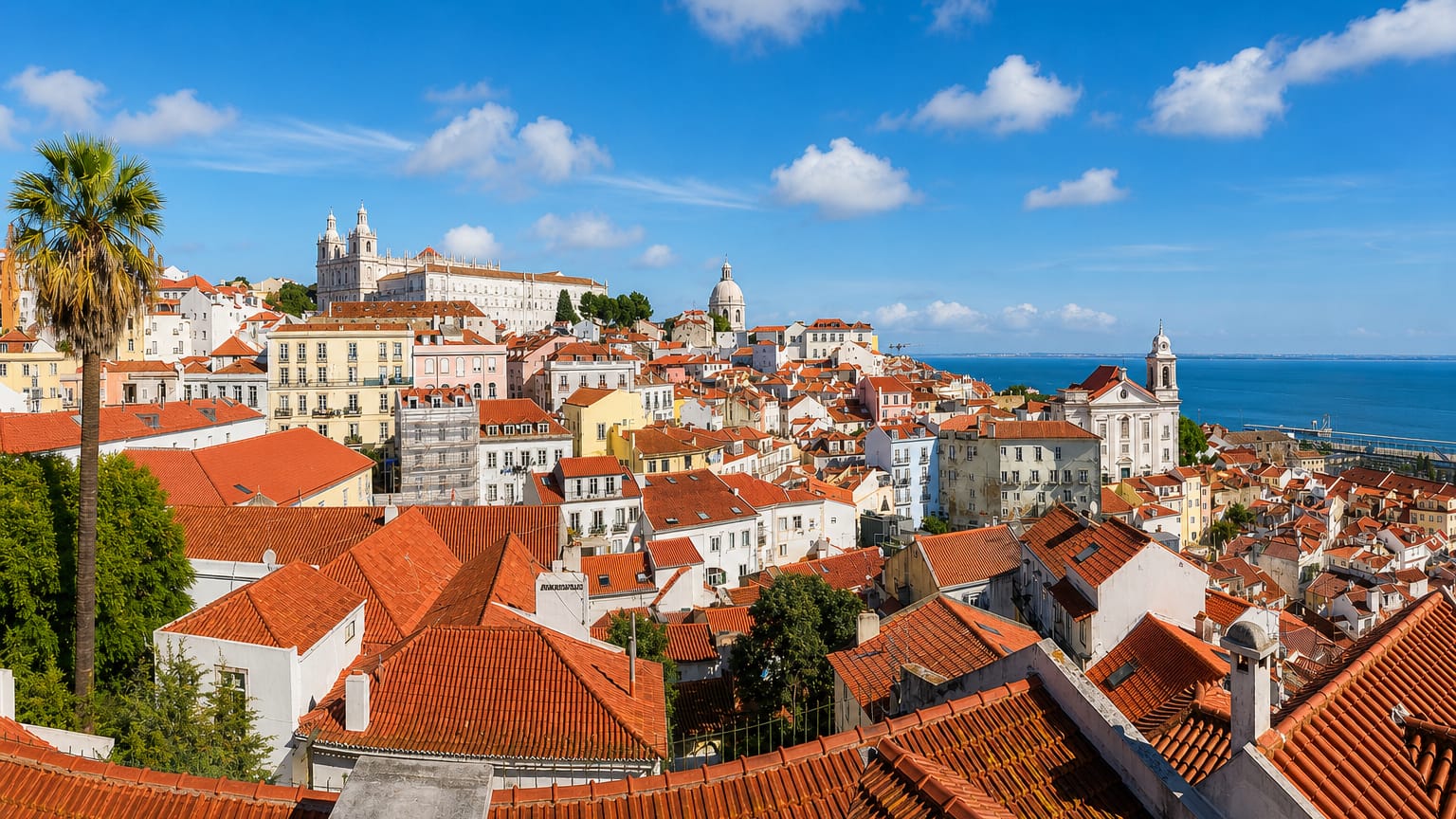Lisbon's Alfama rooftops with the Sao Vicente monastery and National Pantheon dome above the Tagus River.
