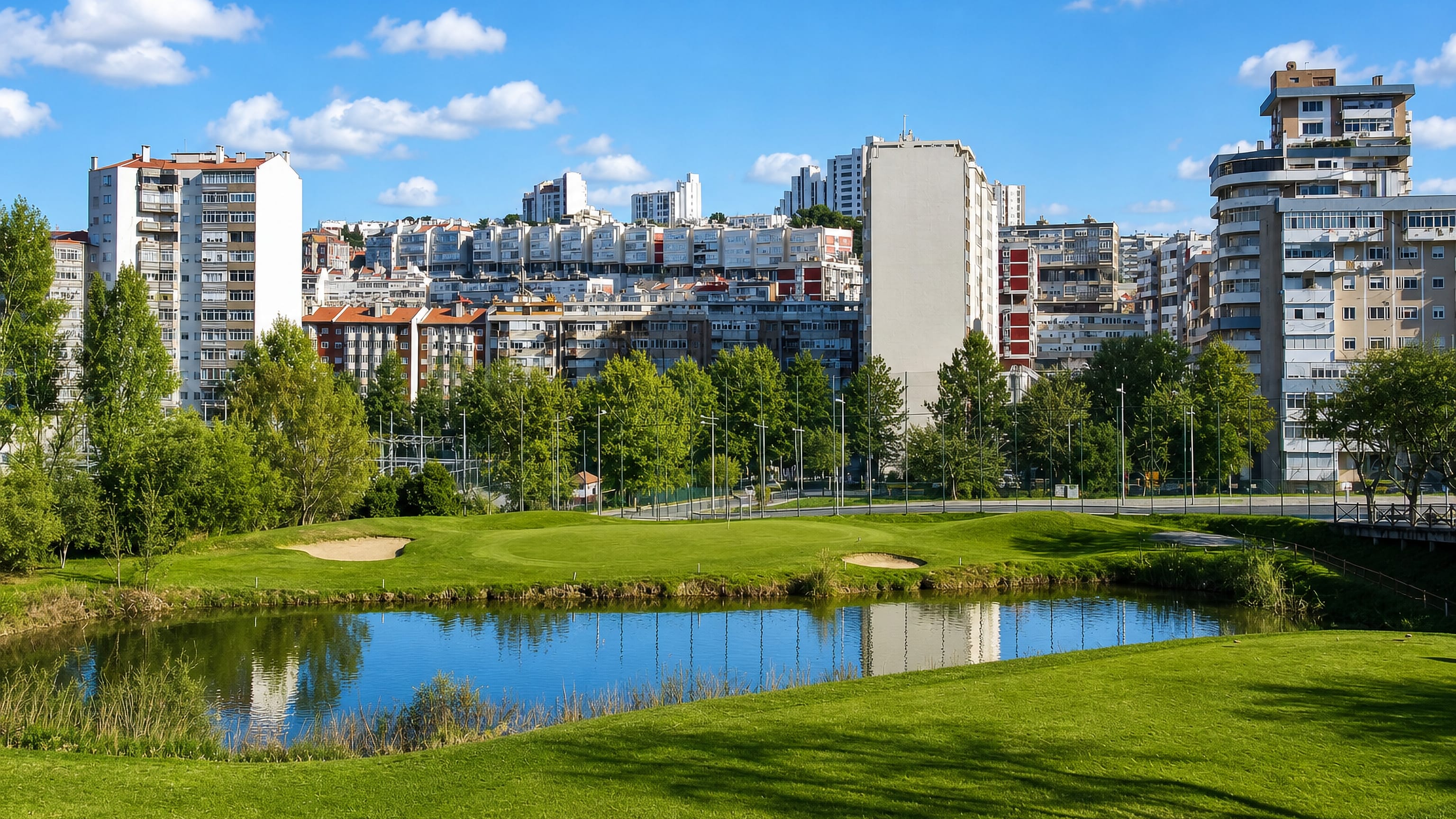 Modern apartment blocks of Lumiar above a parkland pond and lawns in northern Lisbon.