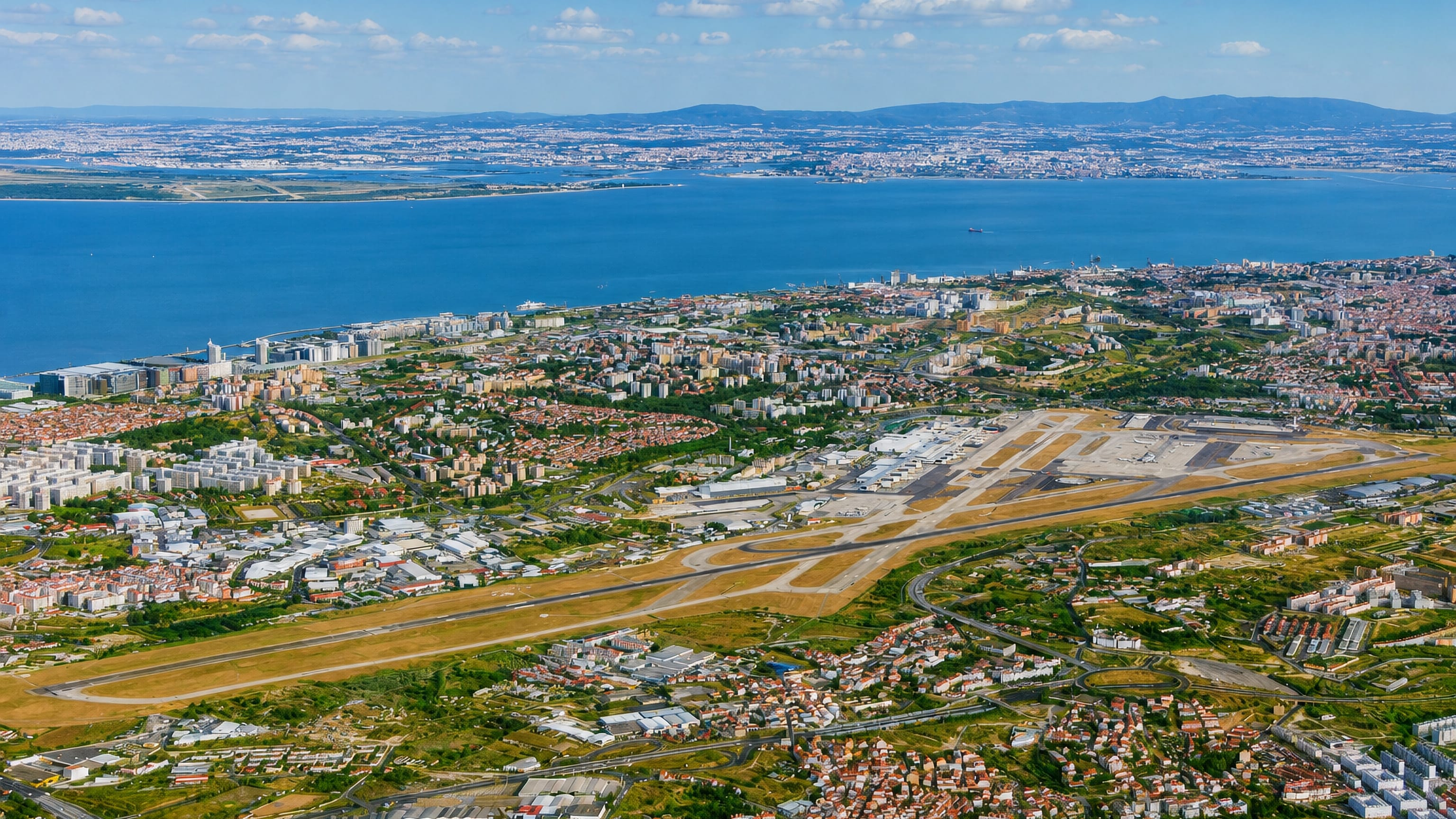 Aerial view of Santa Maria dos Olivais, Lisbon, with airport runways and the Tagus estuary beyond.