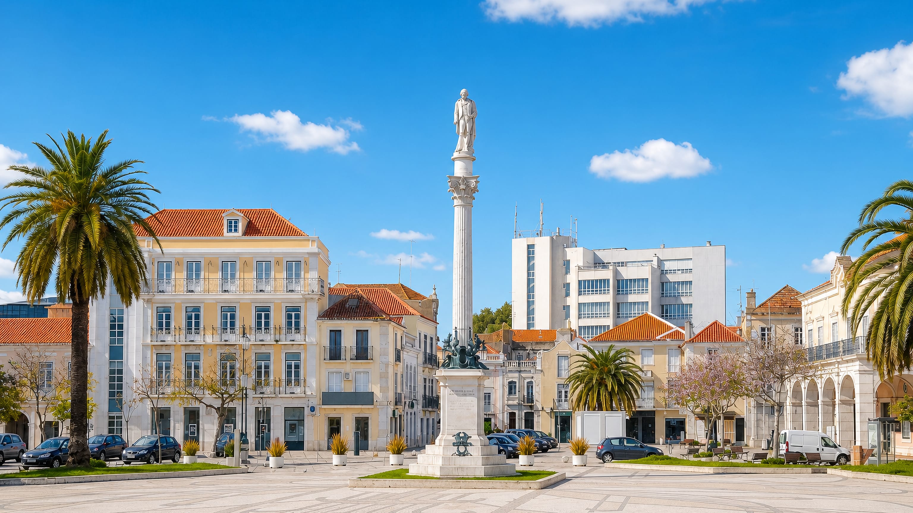 Statue-topped column and pastel façades around Praça do Bocage in central Setúbal, with palms and paving.