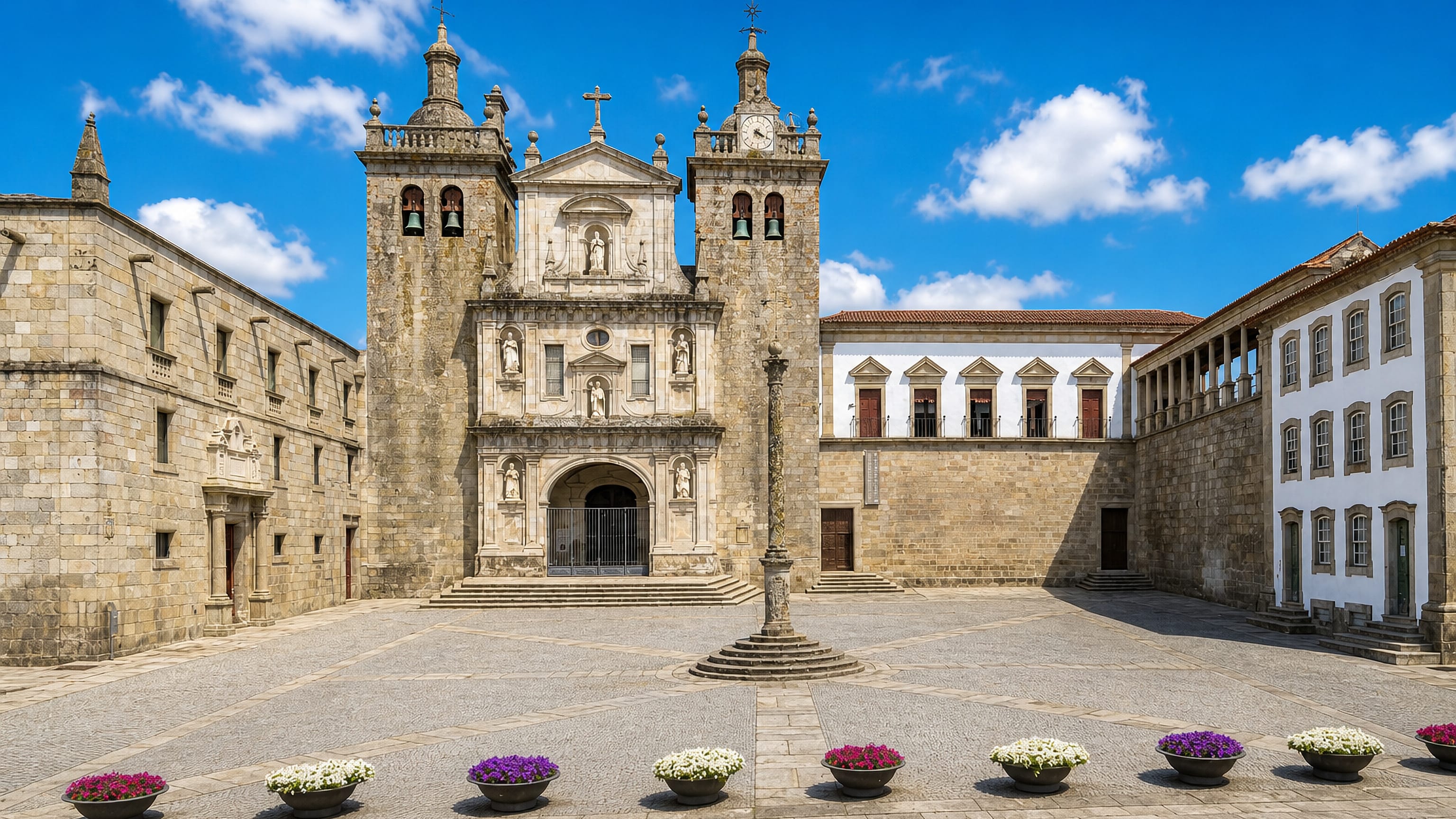 Twin-towered granite Viseu Cathedral above the flower-lined cobbled square of Largo da Sé in Viseu, Portugal