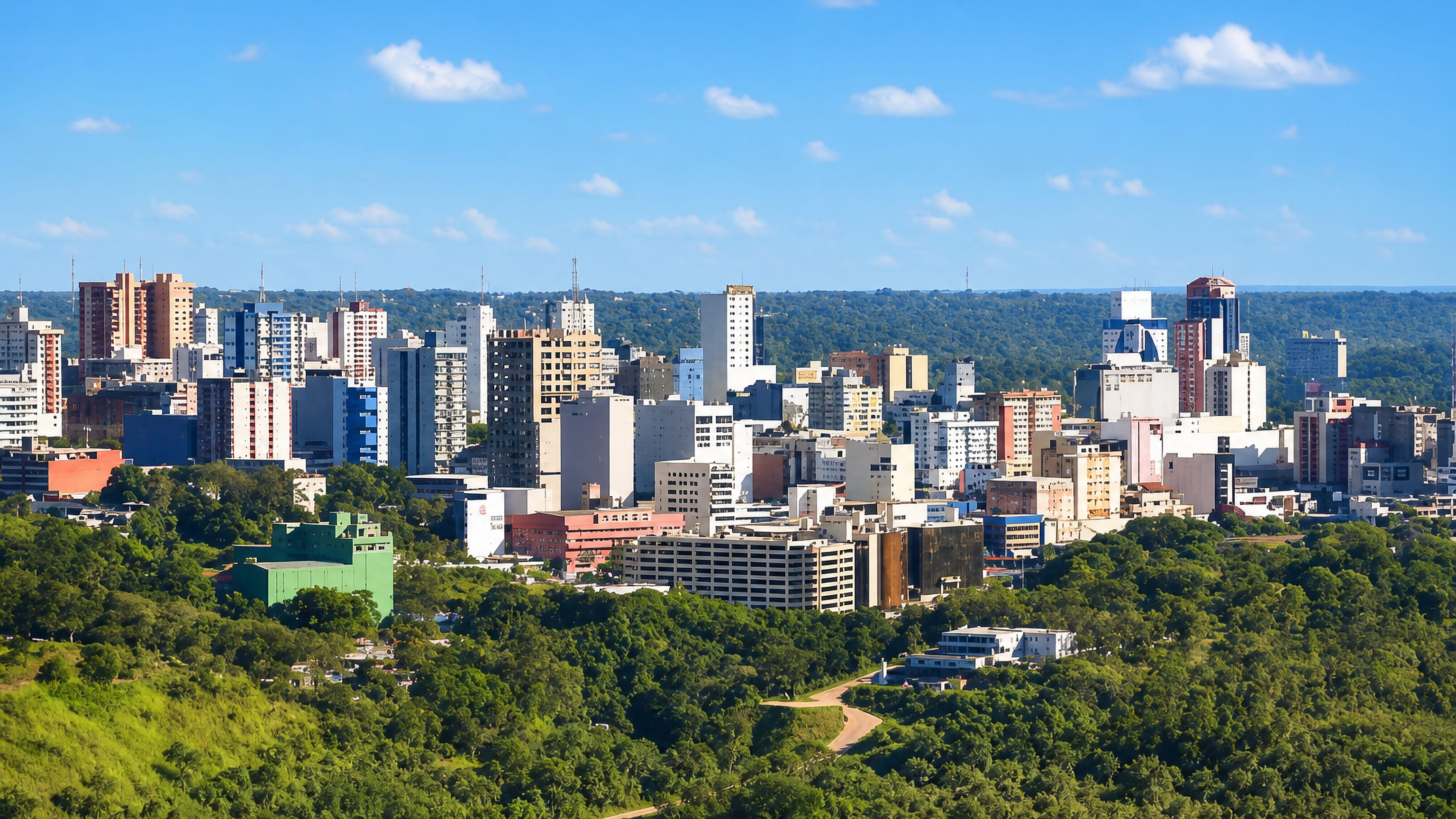 Ciudad del Este's mid-rise skyline rising out of dense subtropical forest in eastern Paraguay
