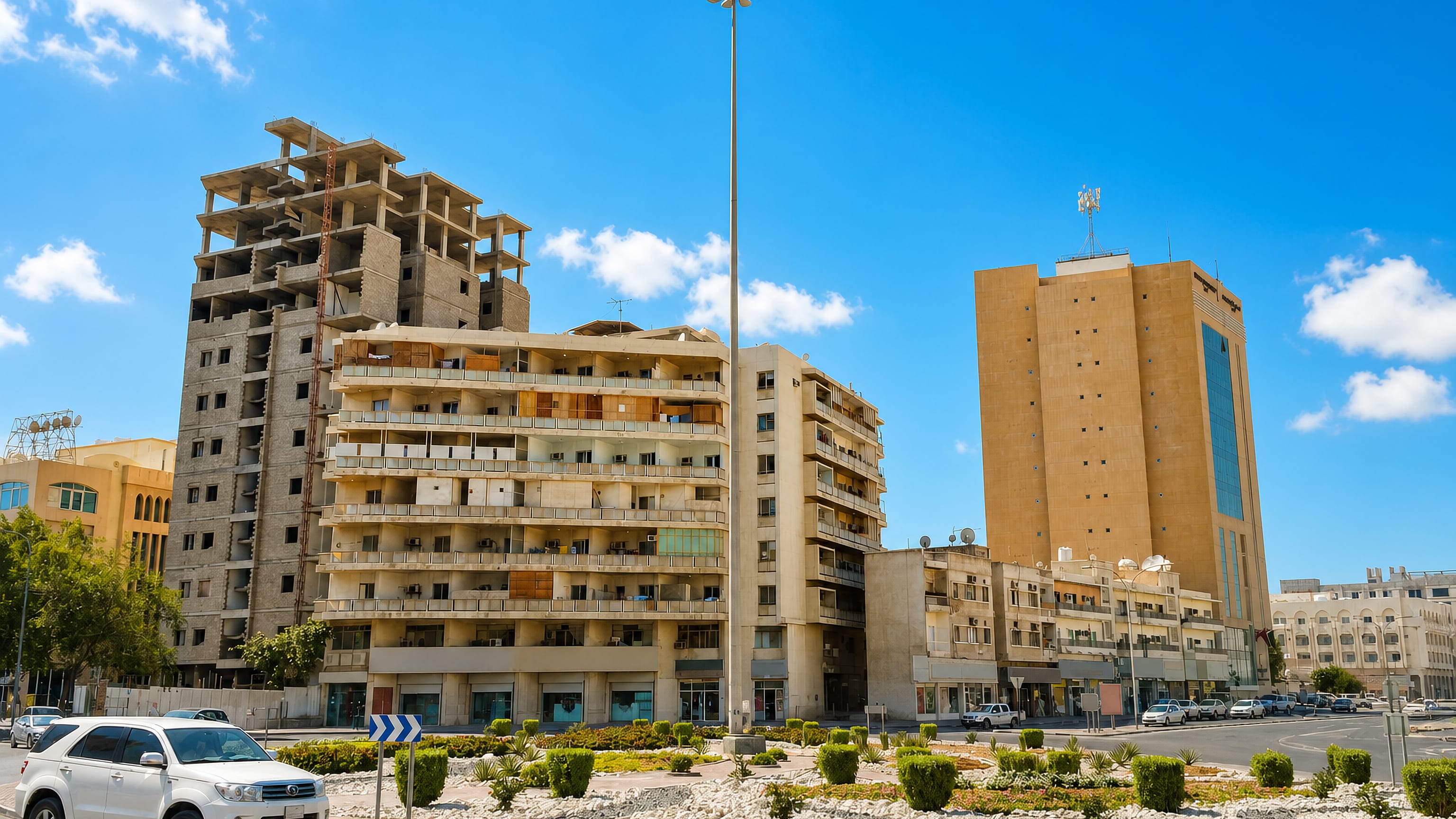 Mid-rise concrete apartment blocks and a landscaped roundabout in the Al Ghanim district of central Doha.