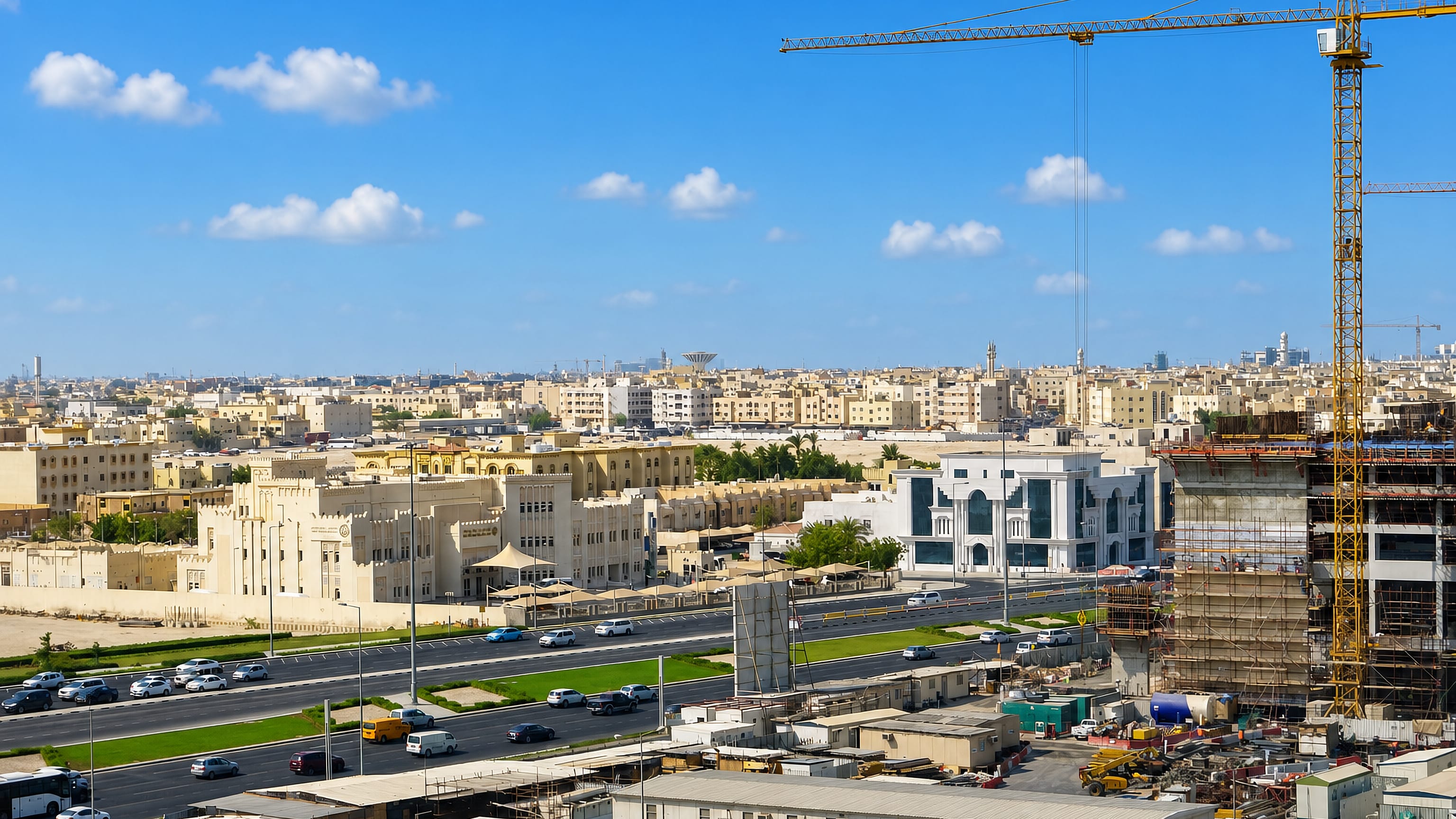 Low-rise sand-coloured blocks, a wide highway and tower cranes across Al Hitmi in central Doha.