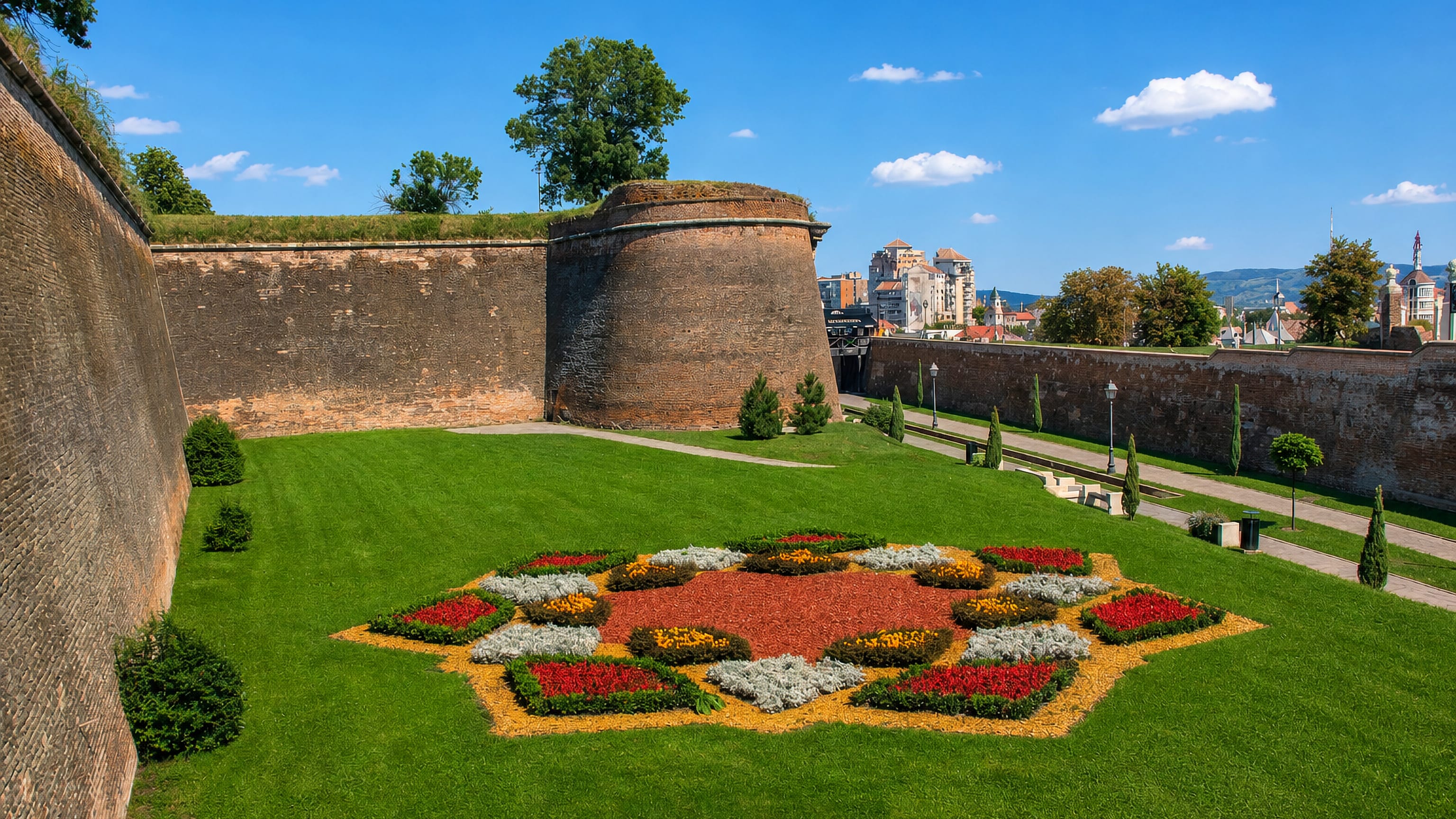 Brick bastion walls and a star-shaped flower bed at the Alba Carolina citadel in Alba Iulia, Romania.