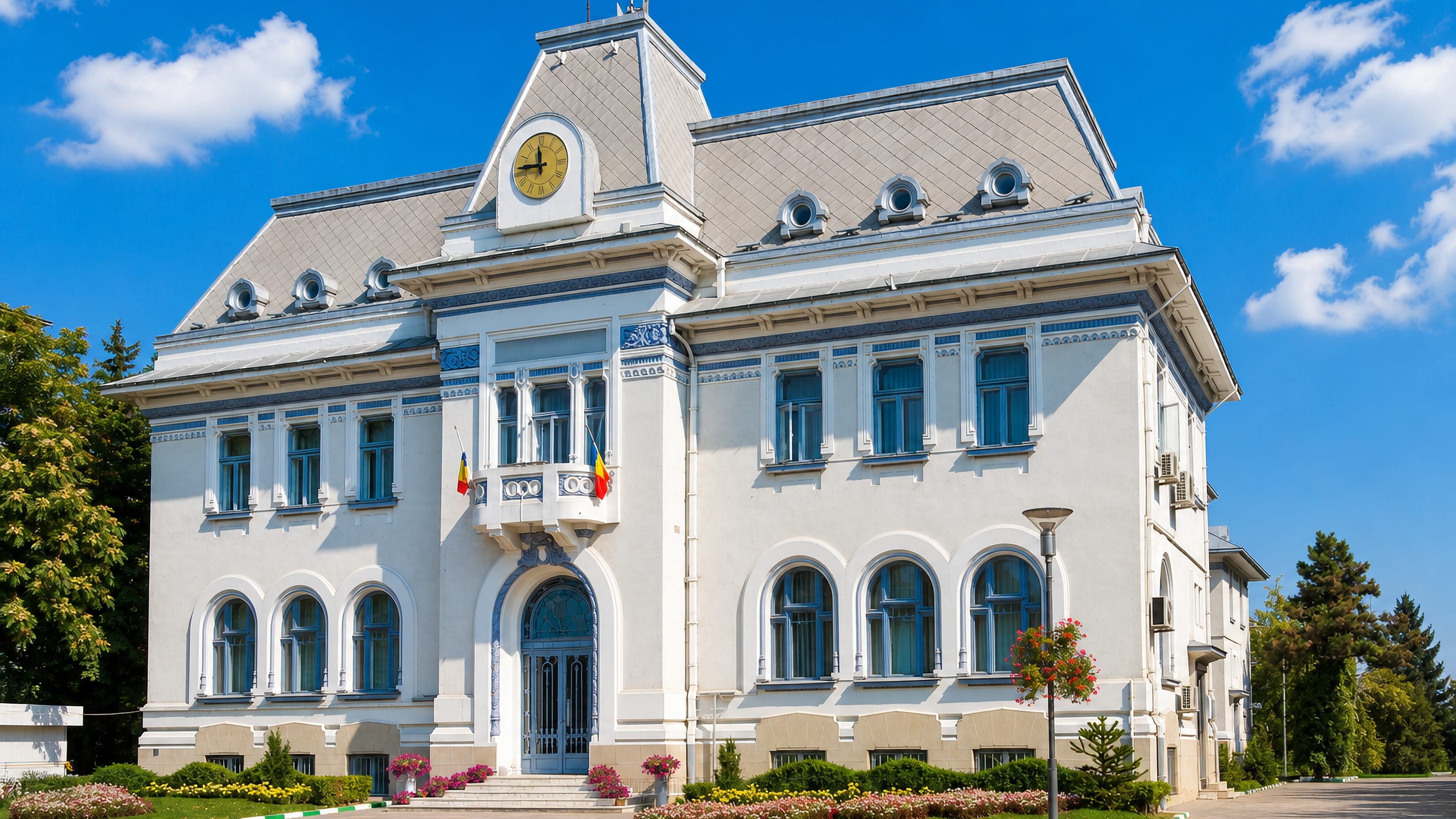 White clock-towered historic civic building in Pitesti, Romania, with Romanian flags and flower beds.