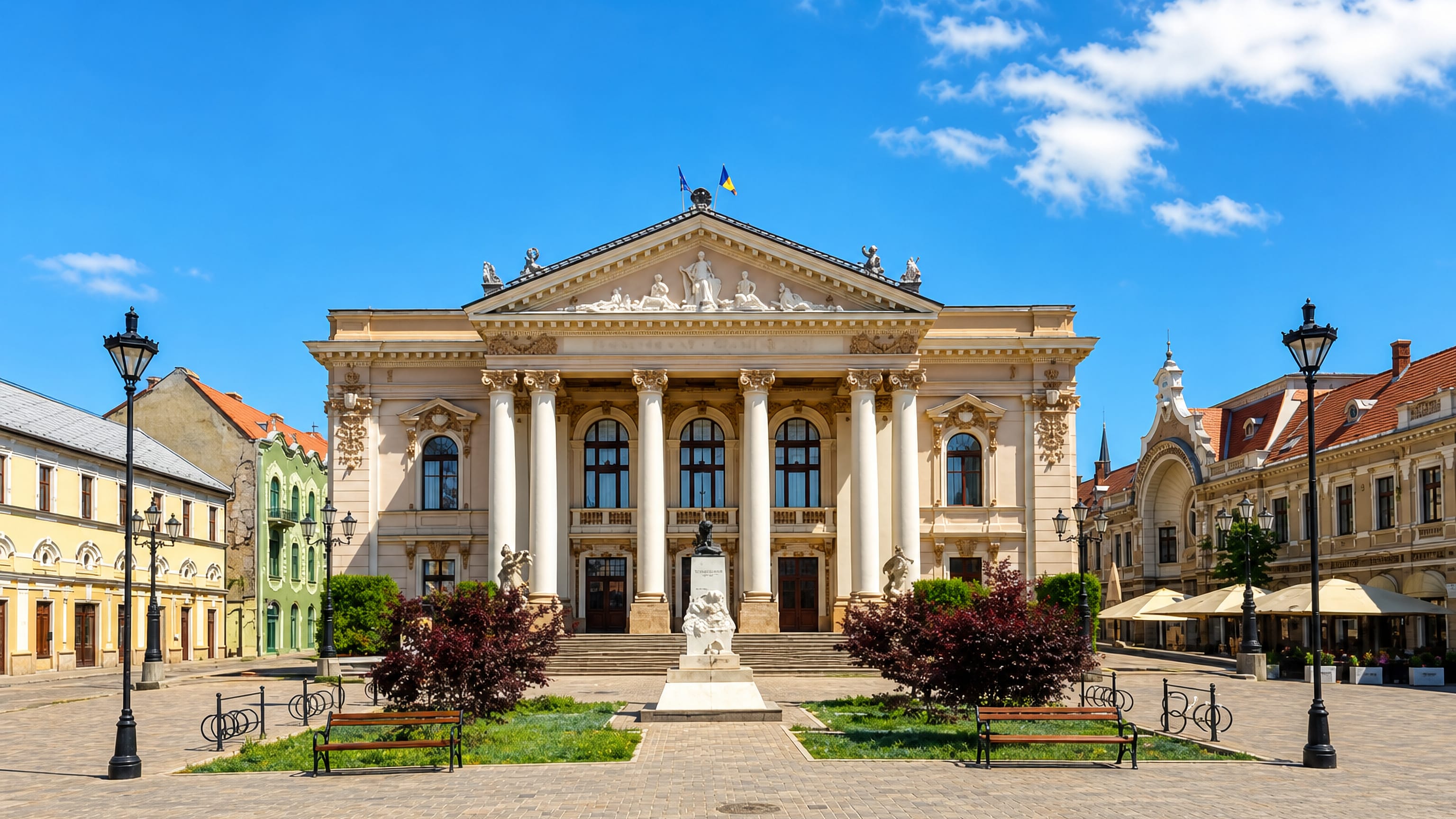 The neoclassical State Theatre facing the pedestrian square in central Oradea, Romania