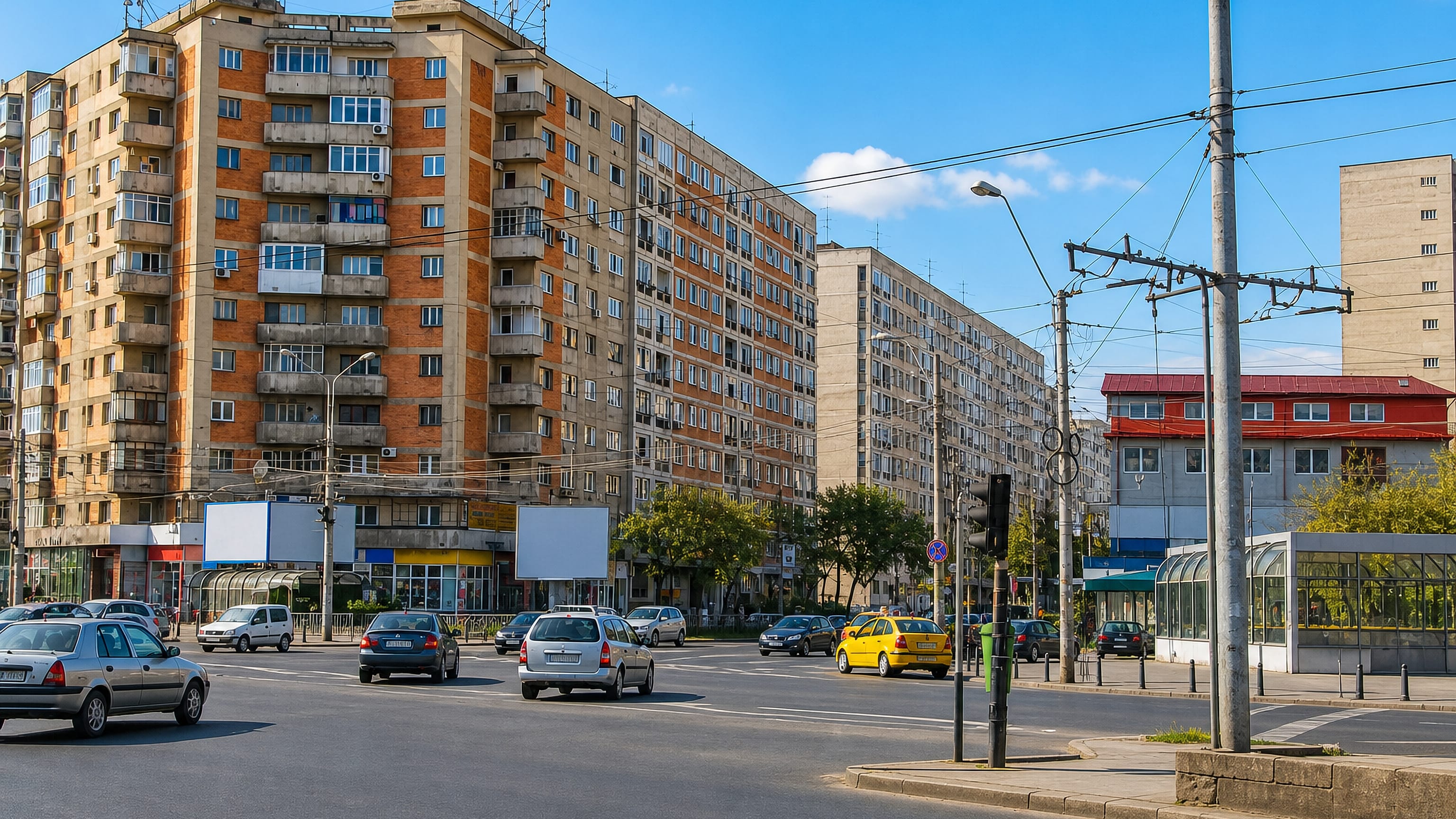 Socialist-era apartment blocks and a busy boulevard with tram wires in Dristor, Bucharest.