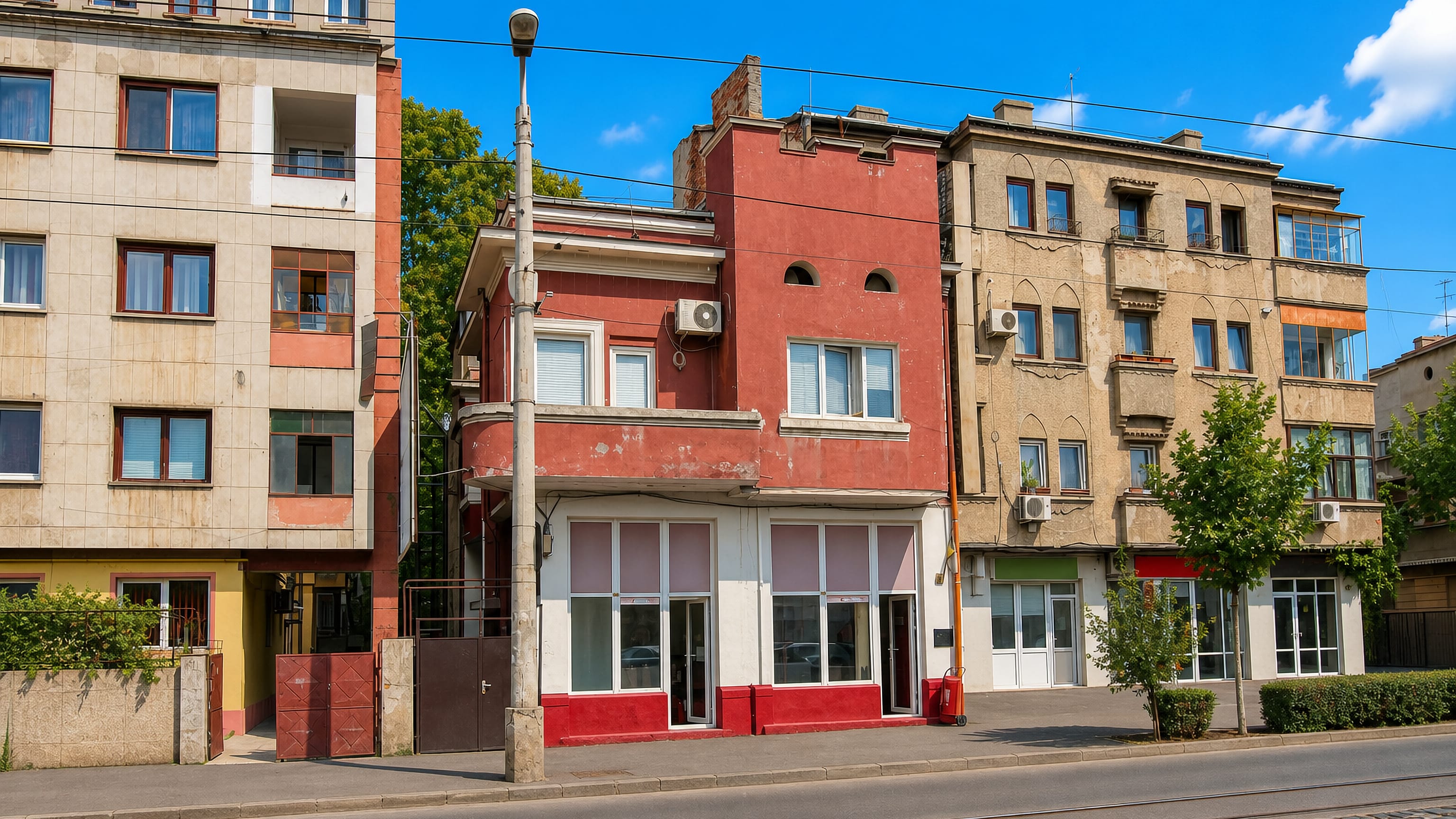 Sunlit street of interwar and socialist-era apartment blocks with tram tracks in Dudești, Bucharest