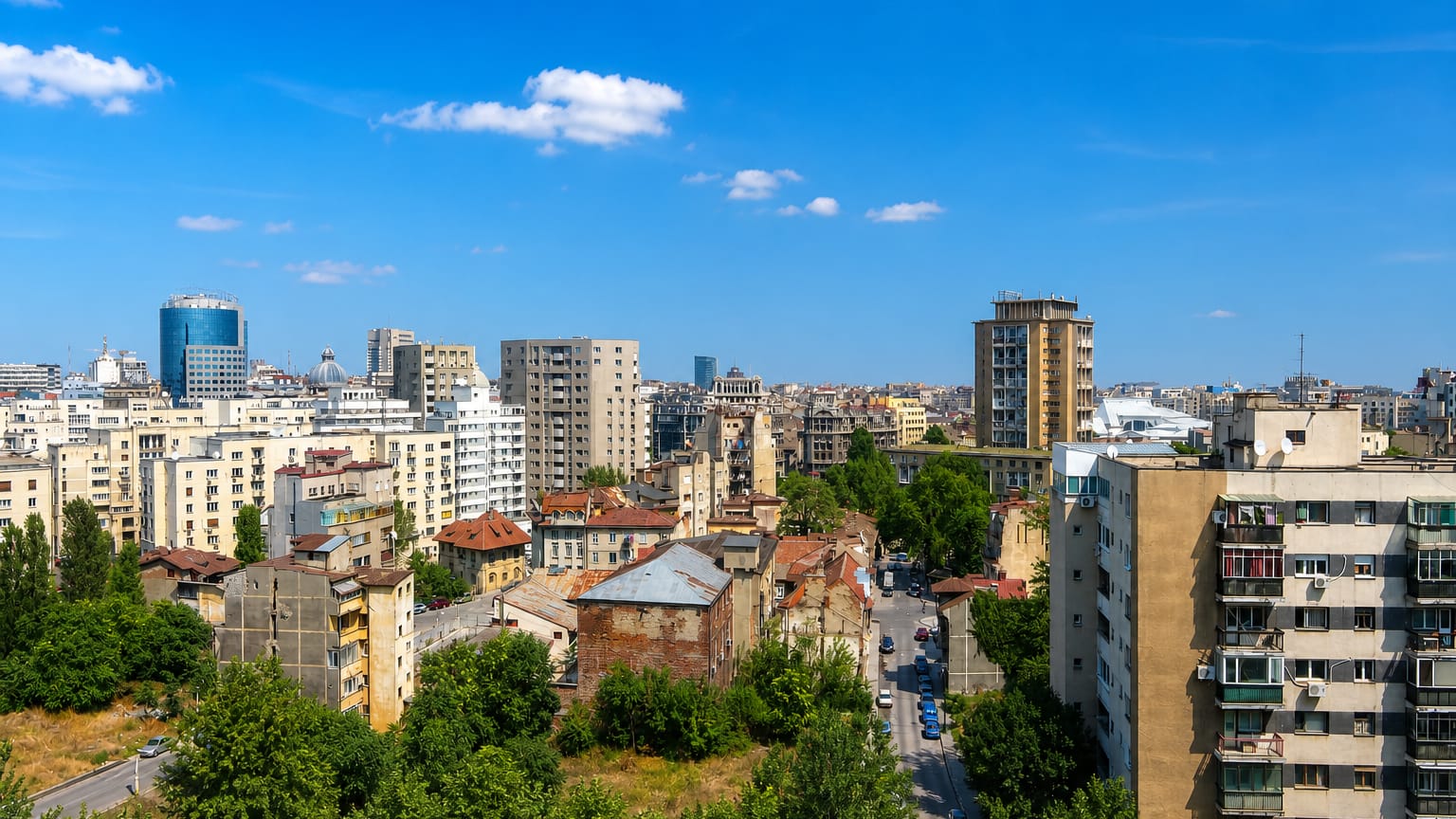 Bucharest cityscape of mixed communist-era apartment blocks and older buildings among trees, Romania.