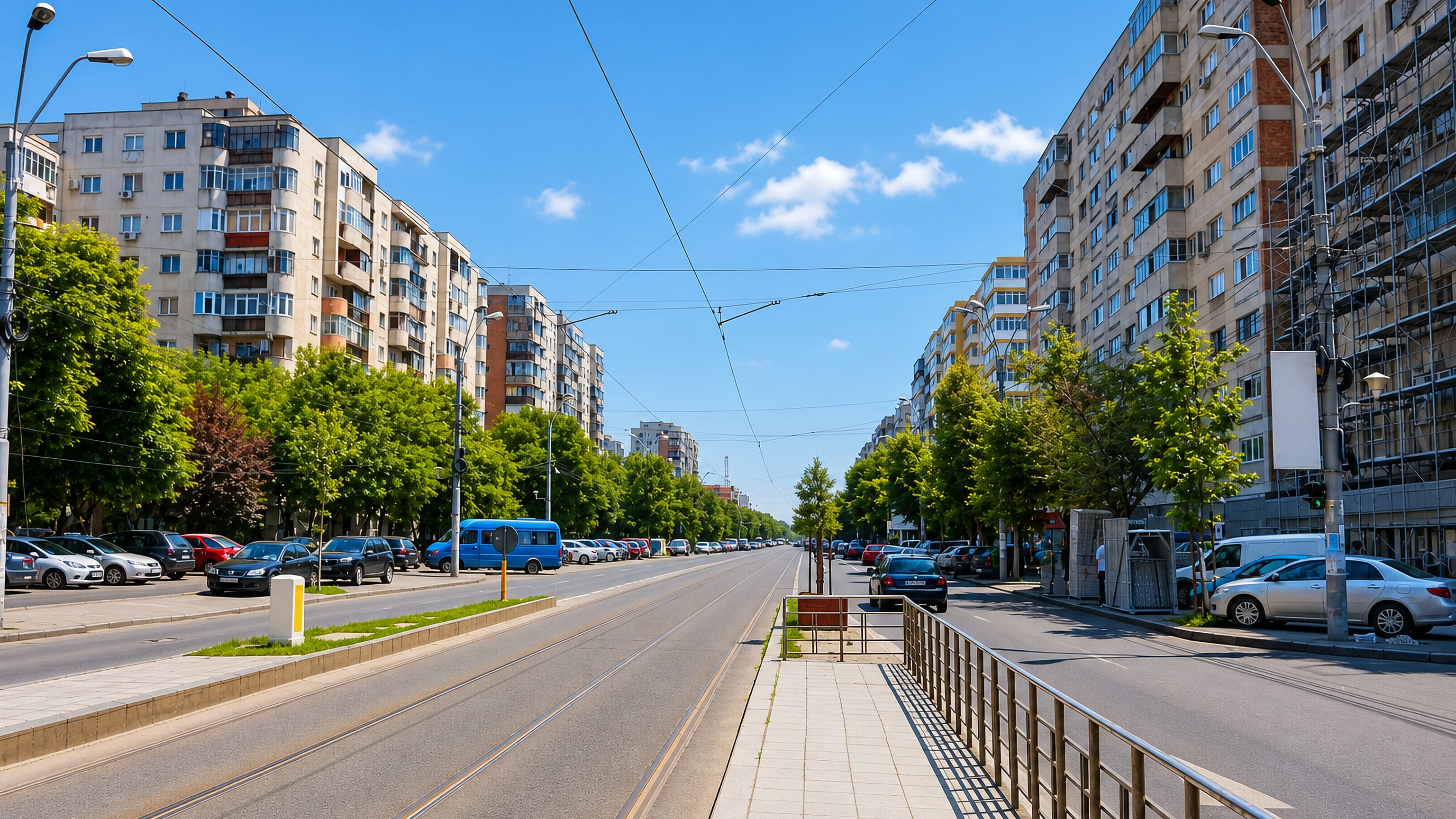 Tram tracks running down a wide boulevard lined with apartment blocks and trees in Bucharest's Sector 4.