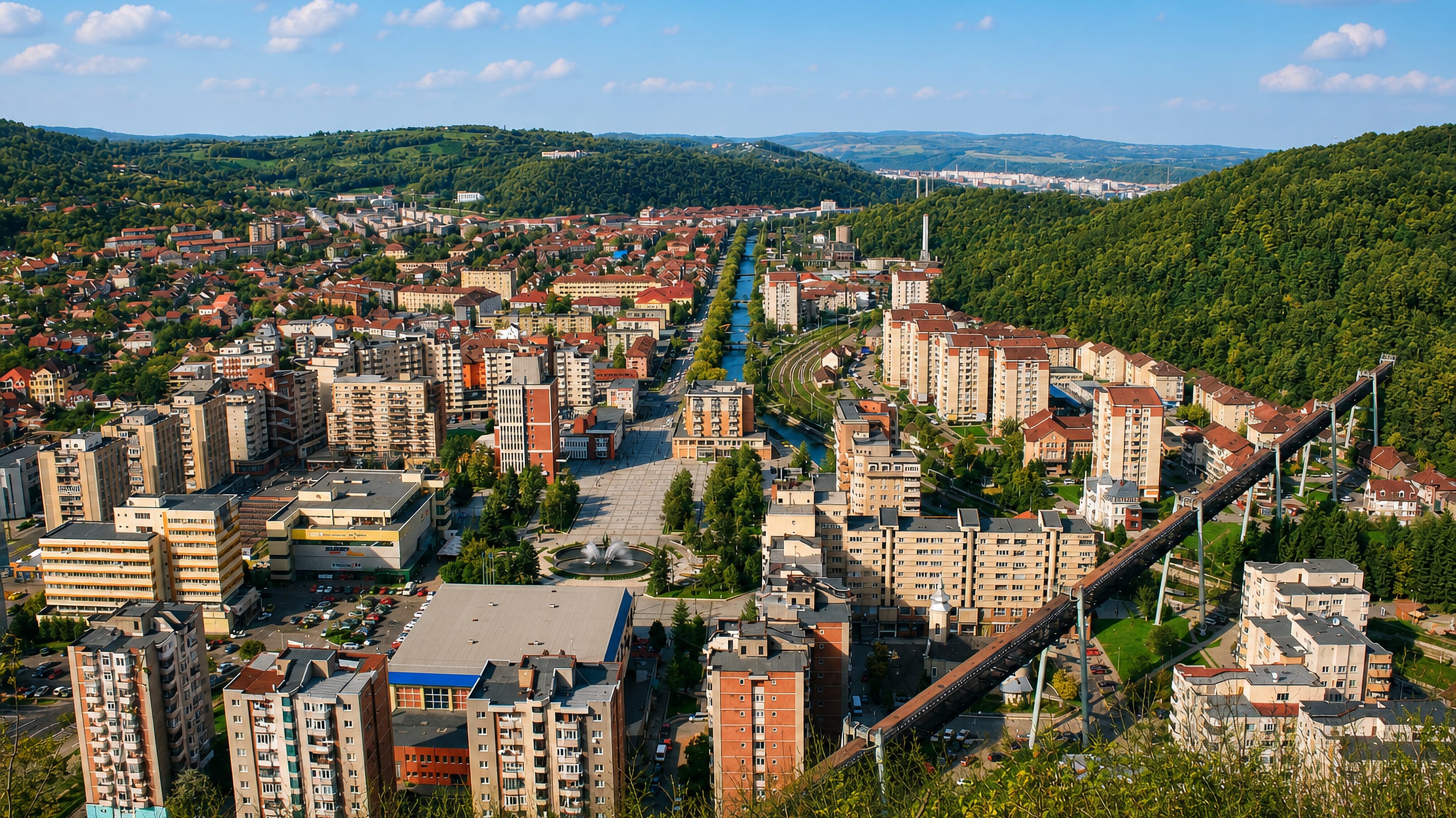 Hilltop panorama of Resita, Romania, its apartment blocks and canalised river in a forested valley.