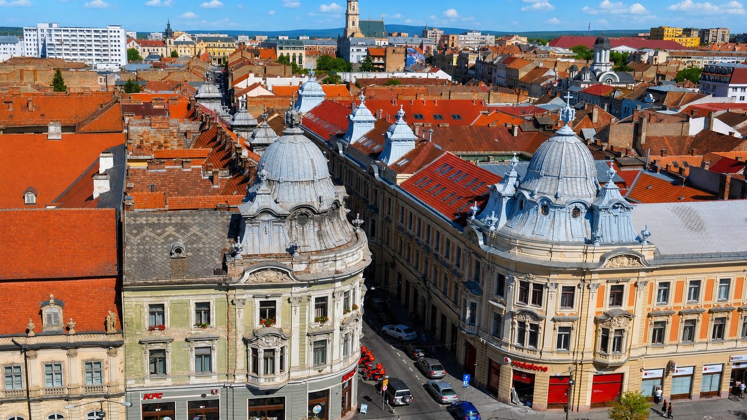 Cluj-Napoca's historic centre with domed Baroque buildings, red roofs and church spires, Romania