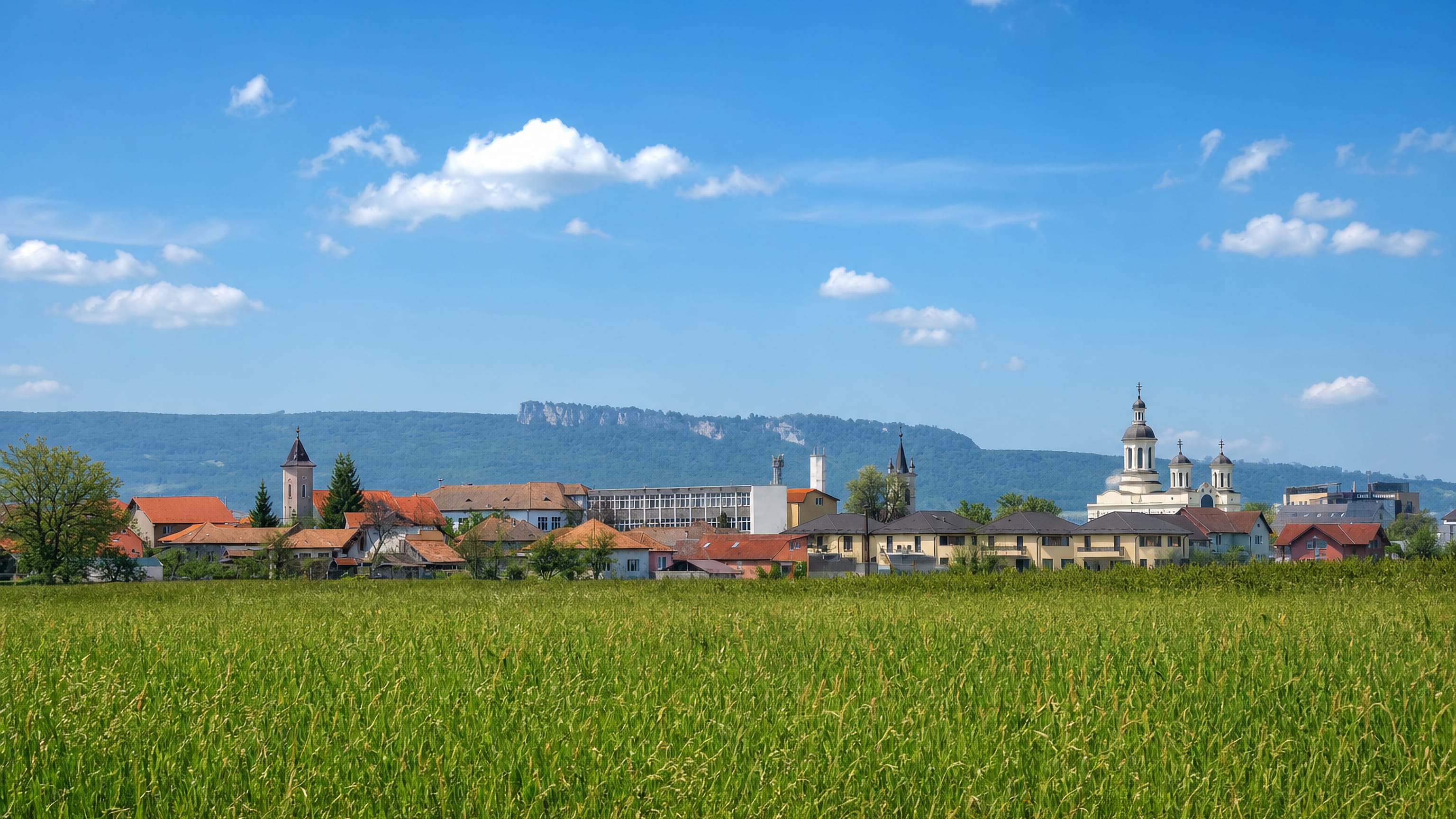 Someşeni's low rooftops and Orthodox church domes on the edge of Cluj-Napoca, with green fields and wooded hills behind.