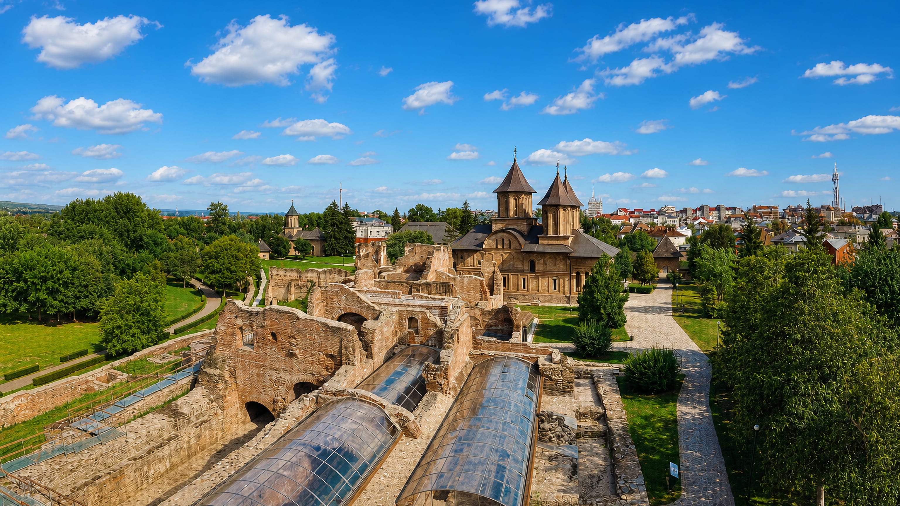 Princely Court ruins and the twin-towered Princely Church at Targoviste, Romania, with the town beyond.