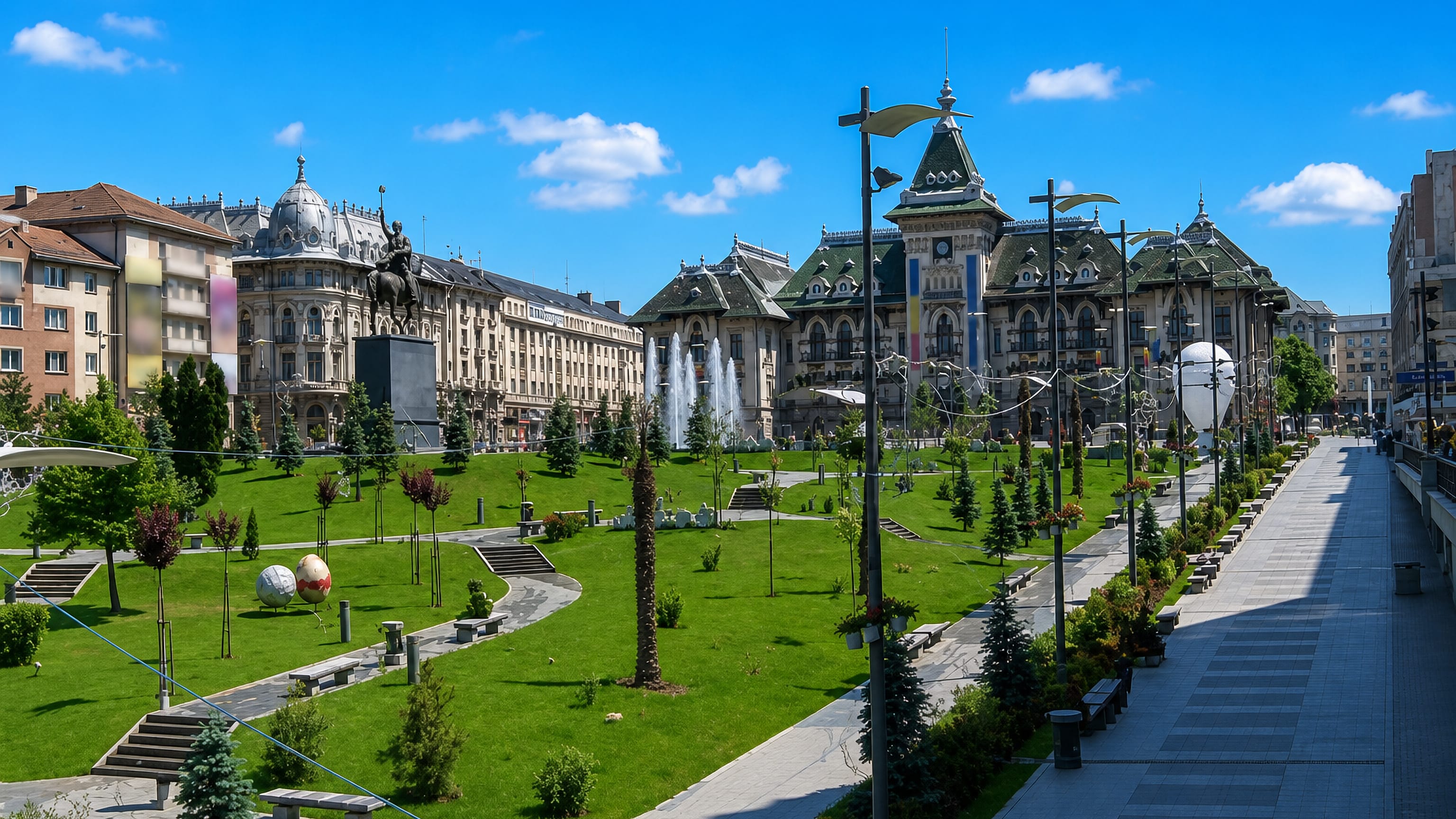 Mihai Viteazul square in Craiova with the green-roofed Administrative Palace, fountains and equestrian statue.