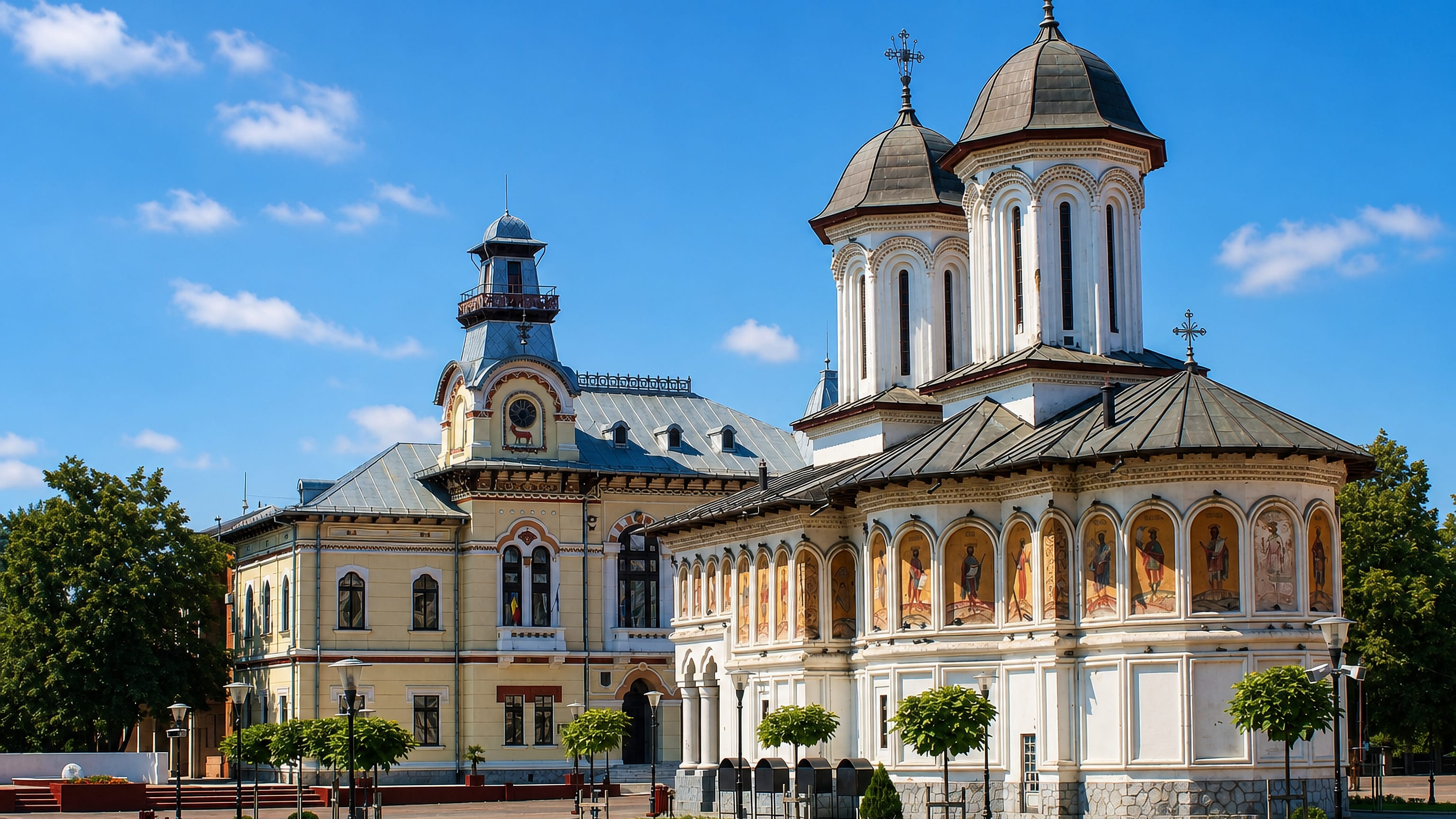 Orthodox church with painted saints beside the yellow eclectic civic building in central Târgu Jiu, Romania.