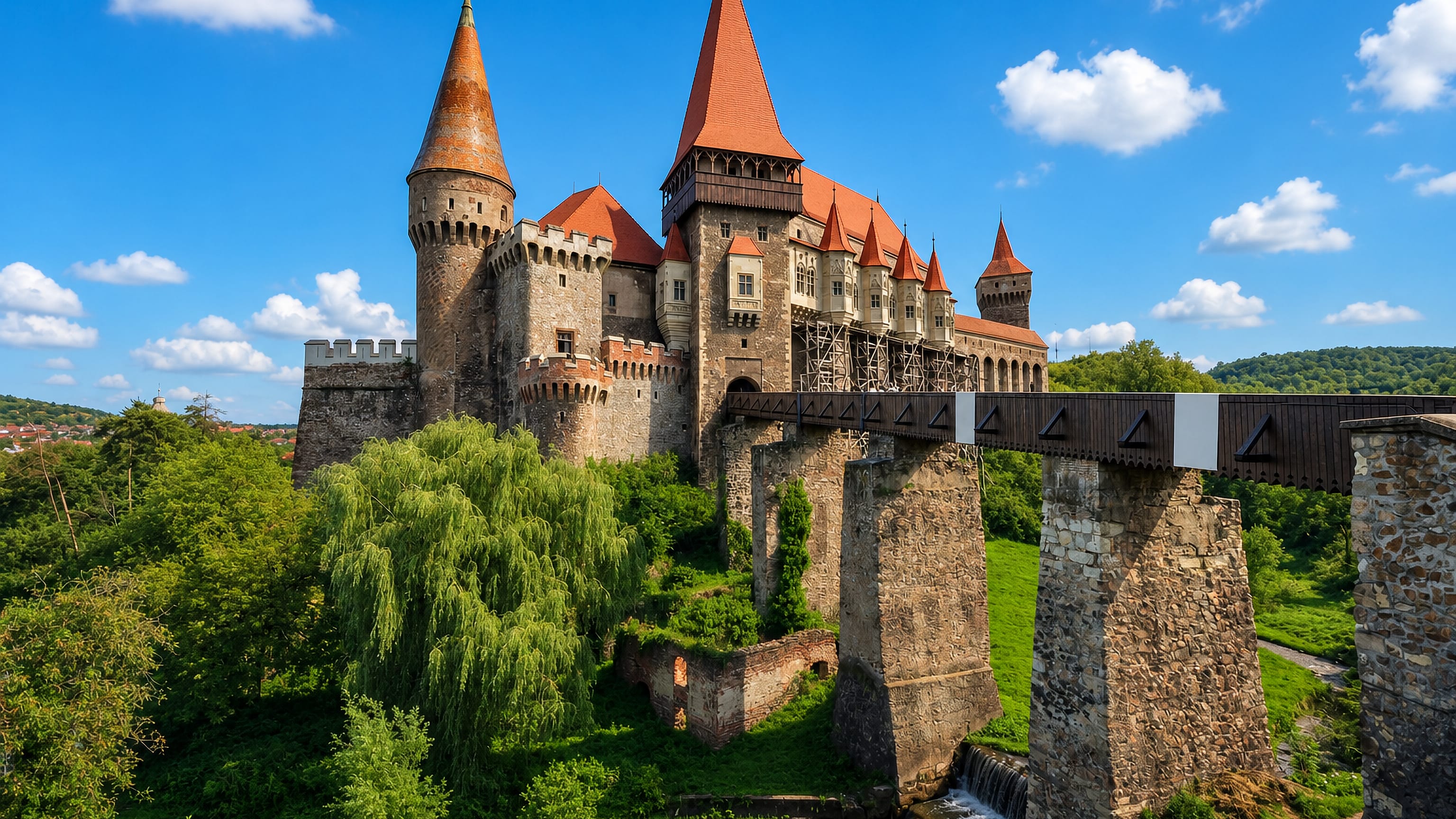 Corvin Castle in Hunedoara, Romania, its red-roofed towers and long wooden bridge rising above green hills.