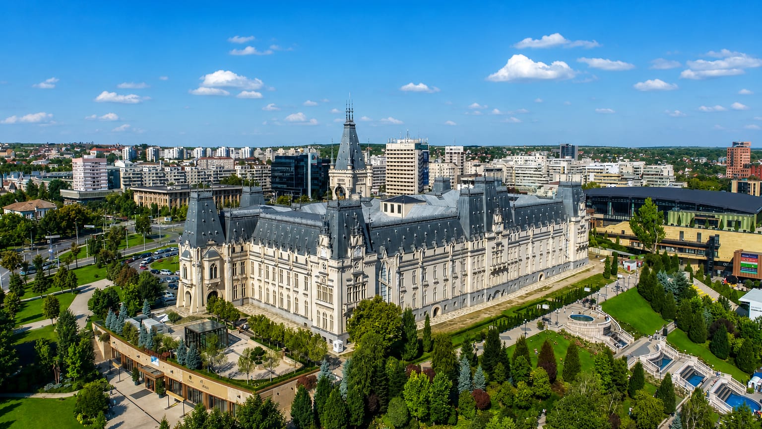 Aerial view of the Gothic-revival Palace of Culture and its landscaped gardens in Iași, Romania