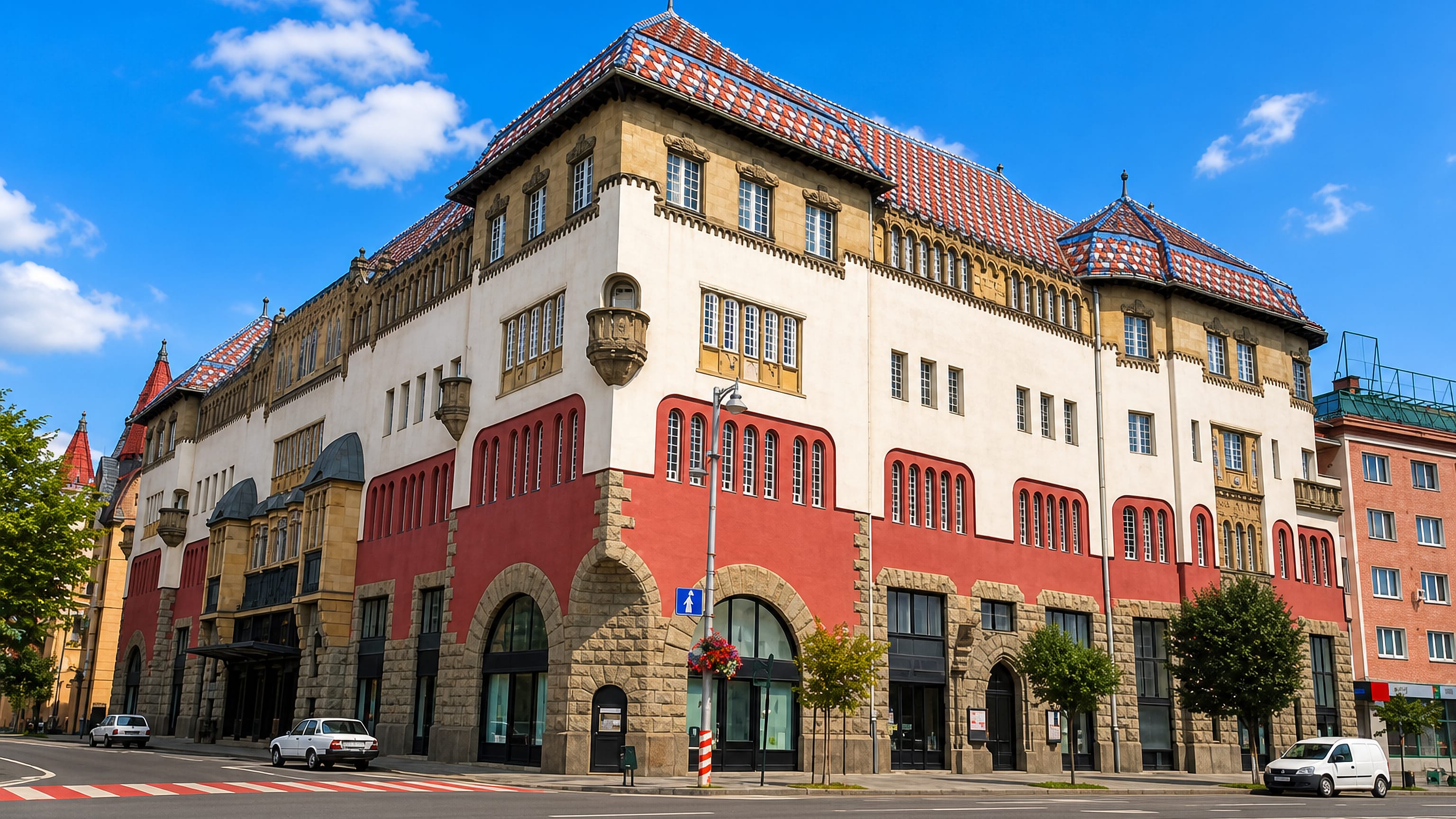 Ornate Secession-style civic palace with colourful tiled roofs on a sunlit boulevard in Târgu Mureş, Romania.