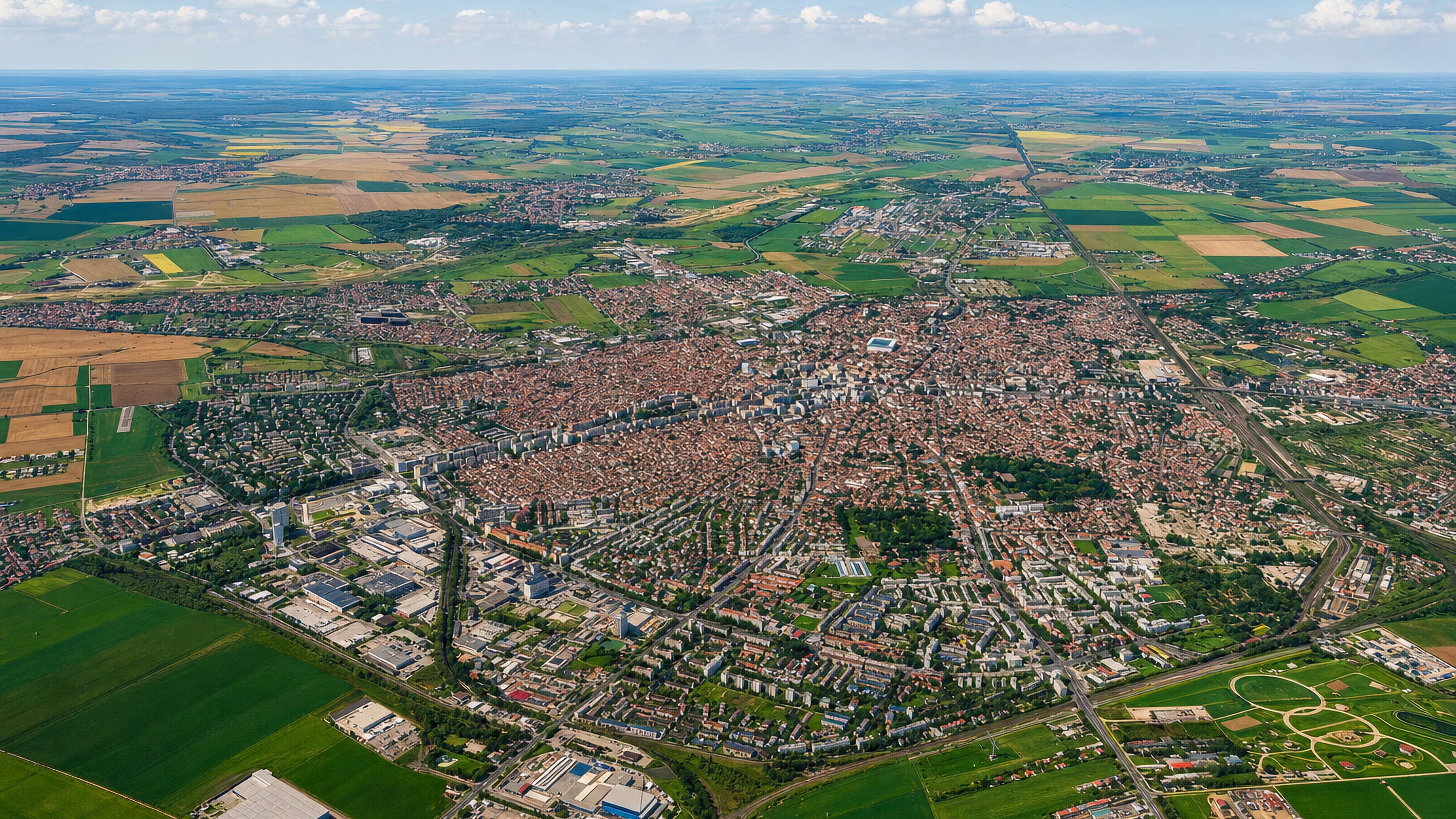 Aerial view of Ploiesti, Romania, its dense red-roofed centre and housing blocks ringed by flat Prahova farmland.