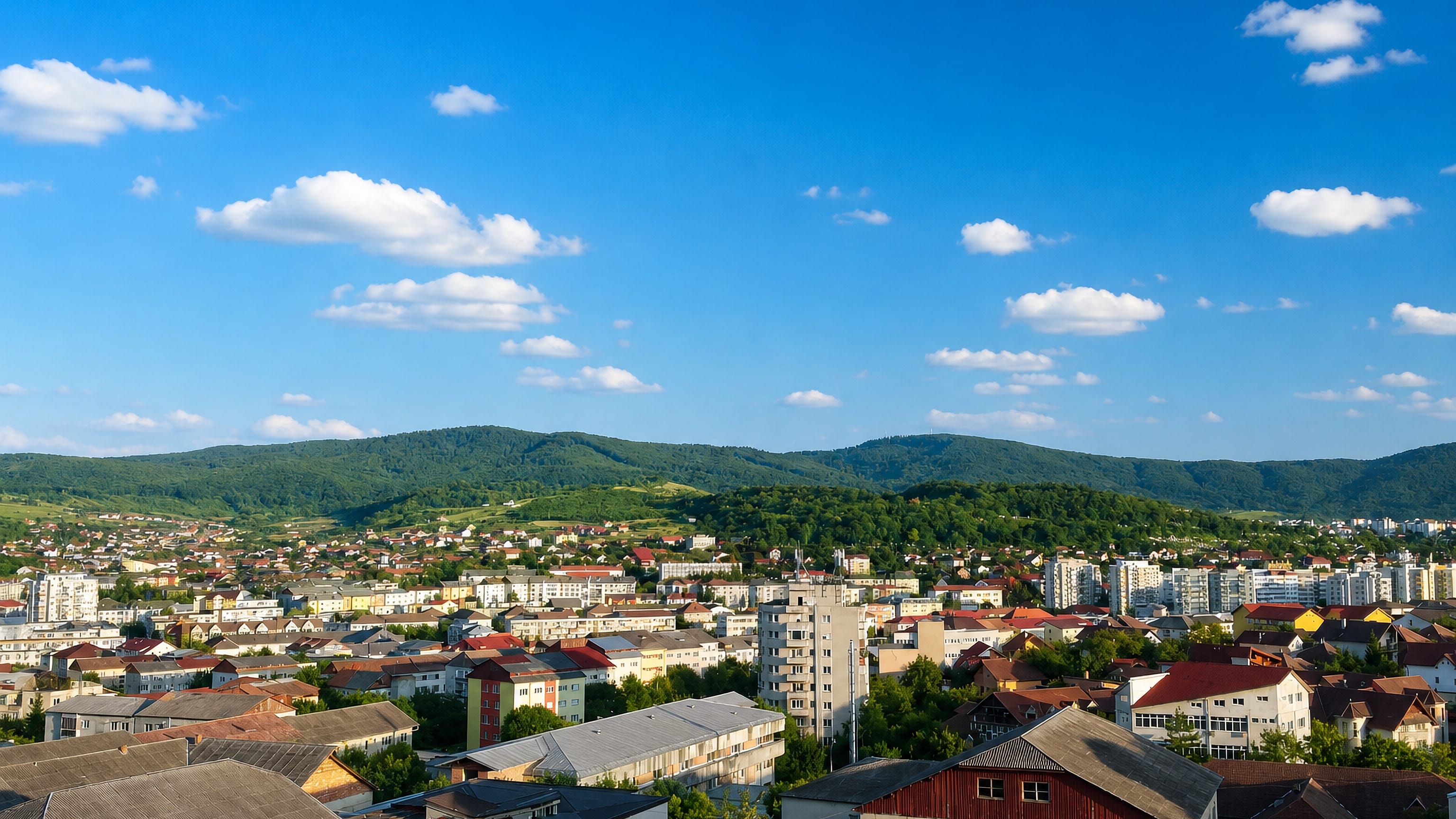Red-roofed houses and apartment blocks of Zalău, Romania, spreading below wooded hills under a clear blue sky