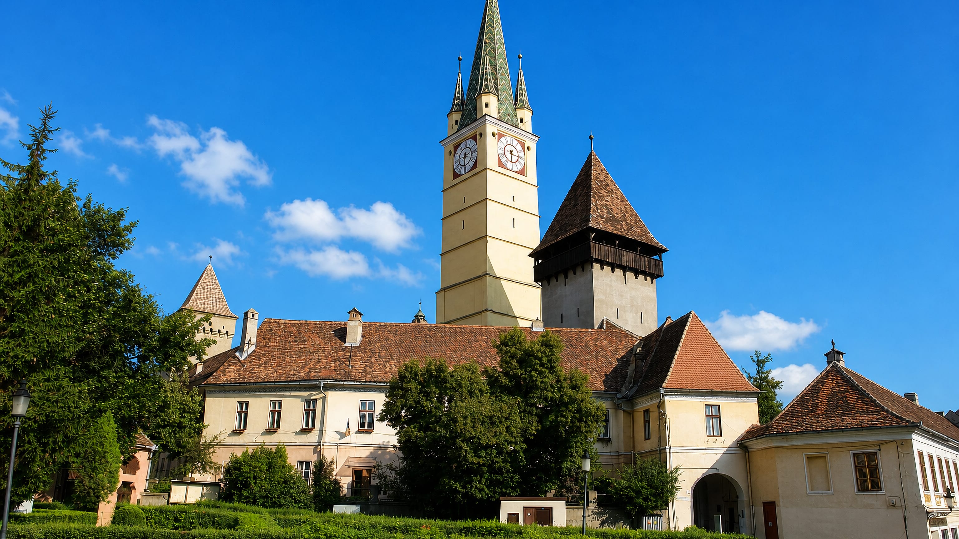 Medias old town roofs below the clock tower of Saint Margaret's Church with its green-tiled leaning spire