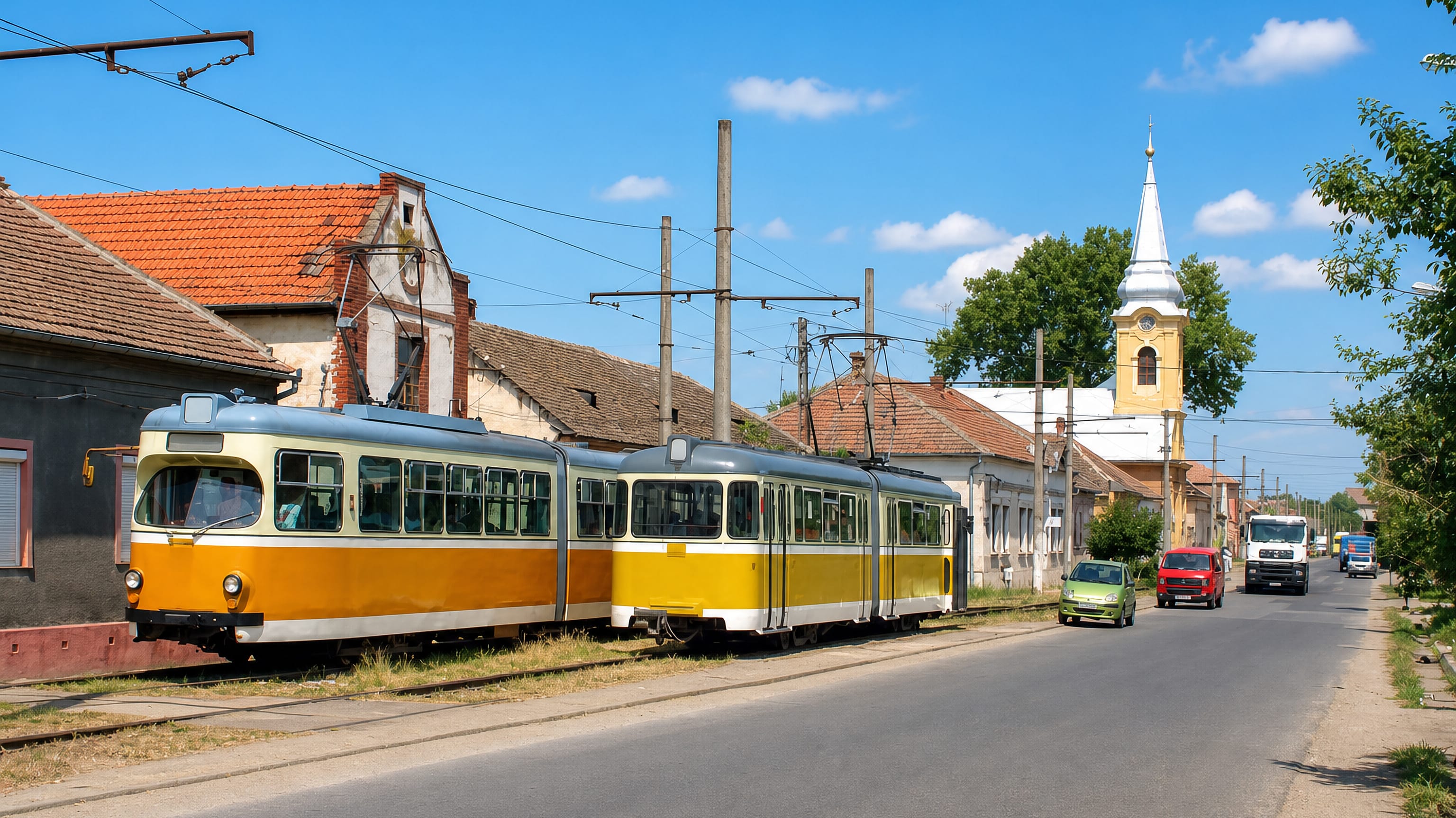 Vintage yellow tram beside old houses and a white church spire in Freidorf, Timișoara.