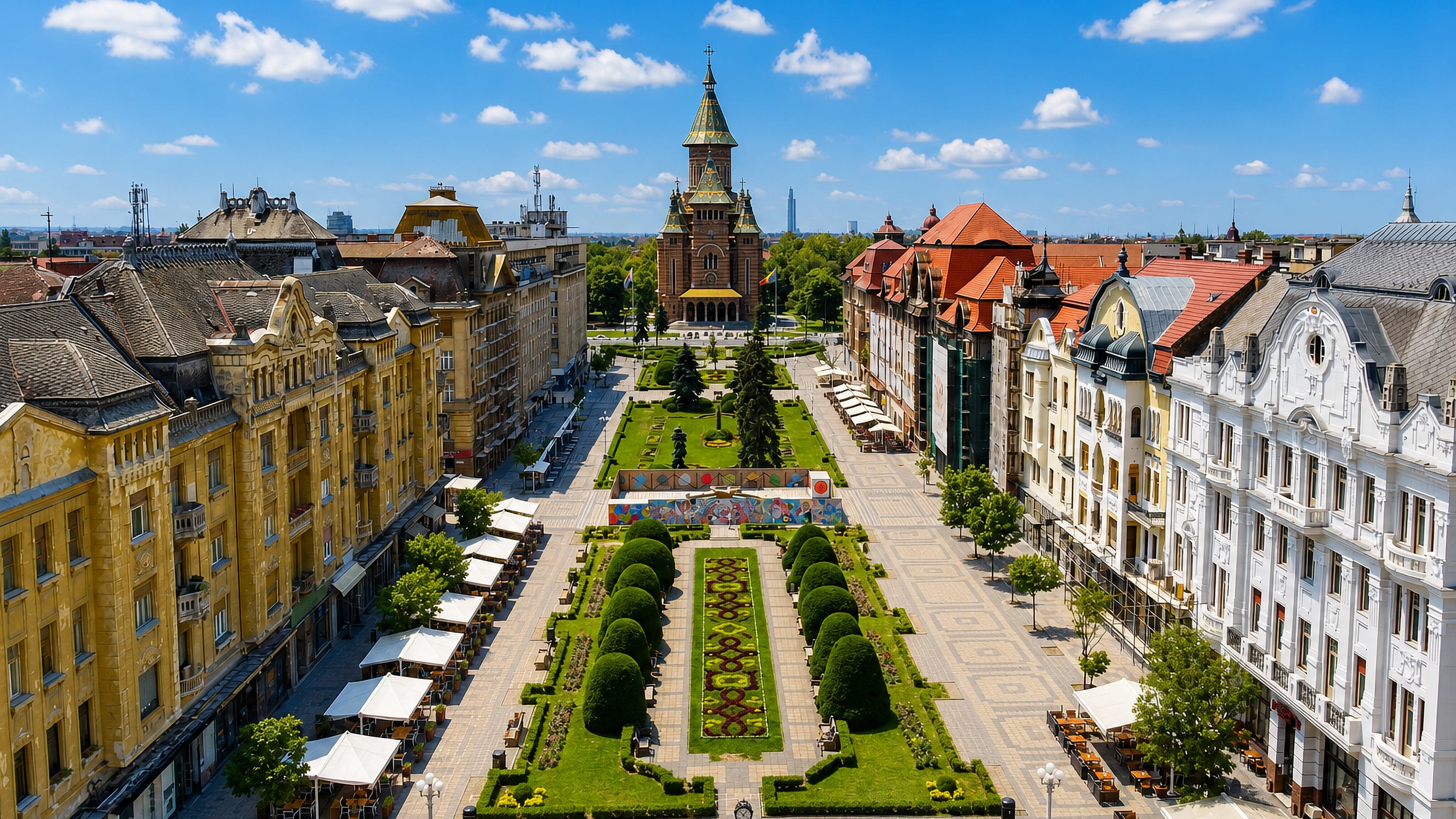 Timișoara's Piața Victoriei, its gardens and pastel facades leading to the brick Orthodox Metropolitan Cathedral.