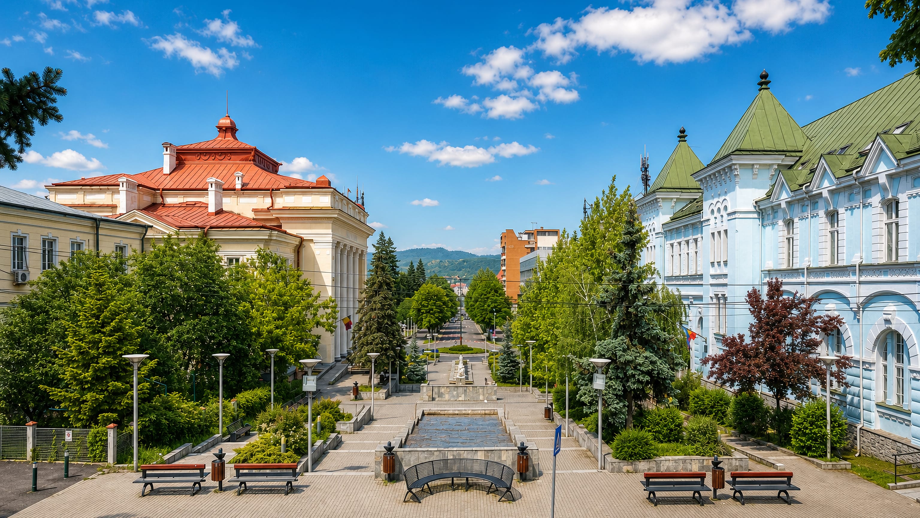 Pedestrian esplanade with a water cascade between historic civic buildings in central Ramnicu Valcea, Romania.