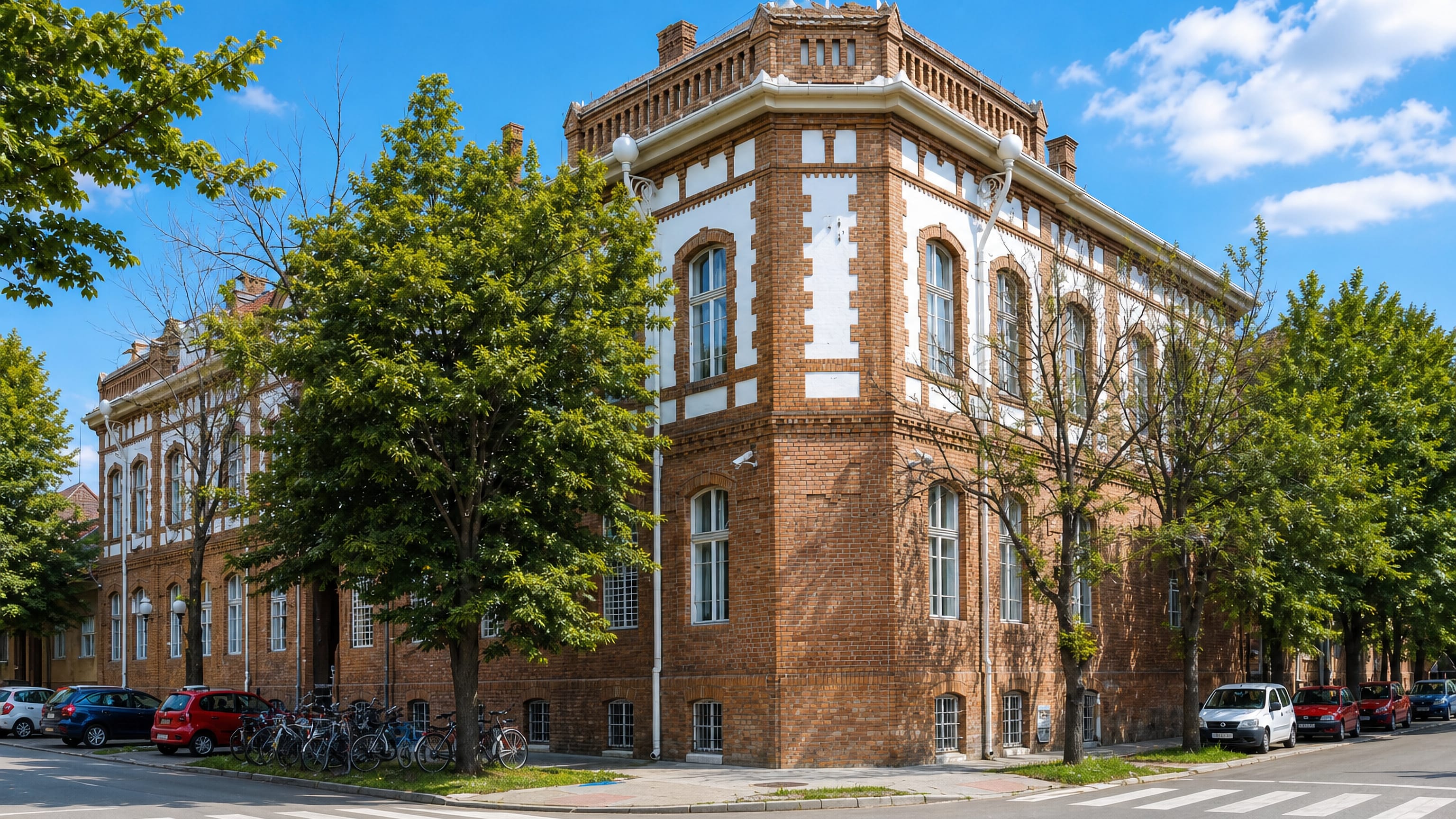 A 19th-century brick corner building on a leafy street in Pancevo, Vojvodina, Serbia.