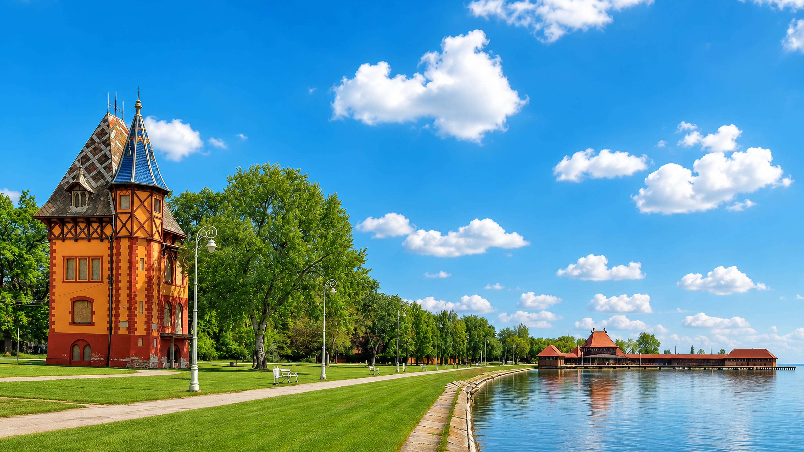 Art Nouveau lakeside villa and lawns beside Lake Palic in Subotica, wooden bathing pavilion across the water.