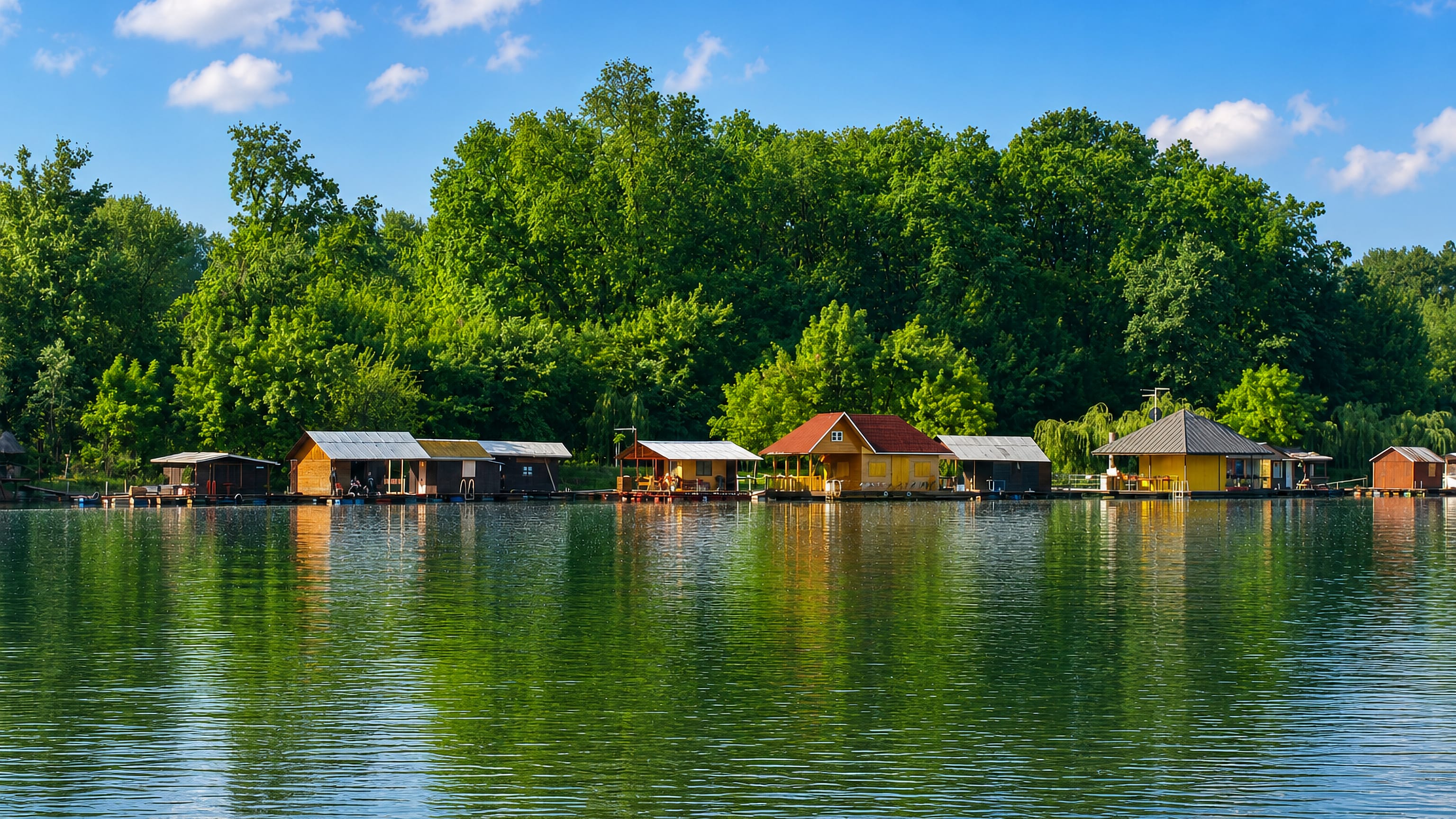 Wooden weekend cabins line the wooded, calm-water shore of Ada Medica river island in Belgrade under a blue sky.