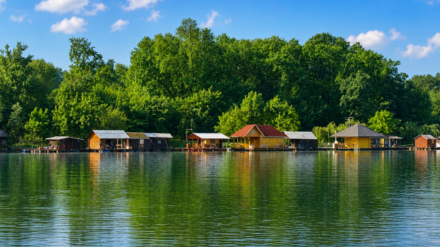 Wooden weekend cabins line the wooded, calm-water shore of Ada Medica river island in Belgrade under a blue sky.