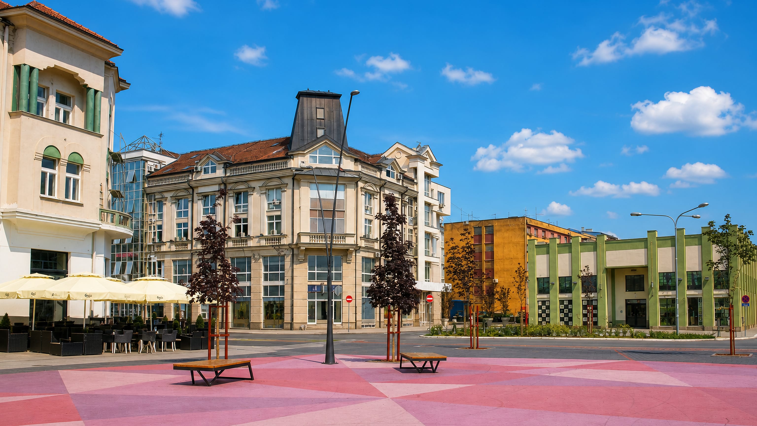 Šabac's main square in Serbia, with pink patterned paving, café terraces and early 1900s facades.