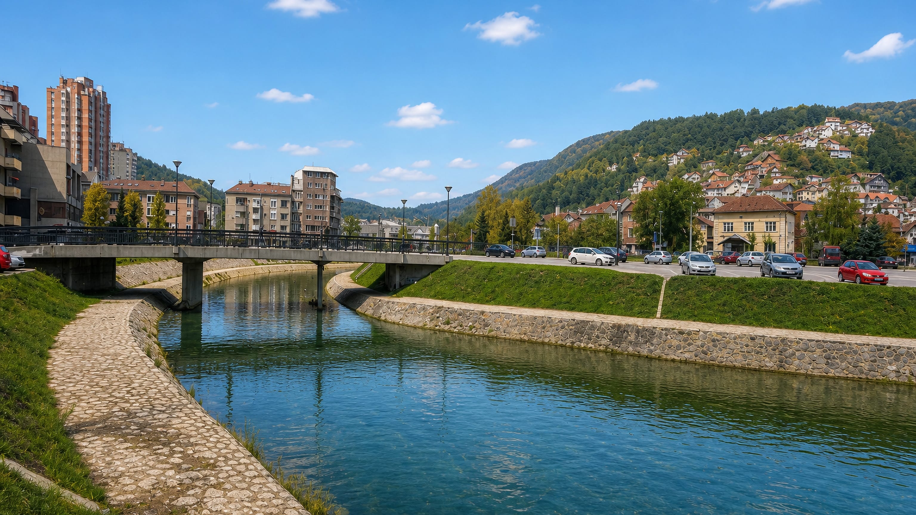 The Detinja river running through Uzice, Serbia, past stone embankments, apartment blocks and wooded hillsides.