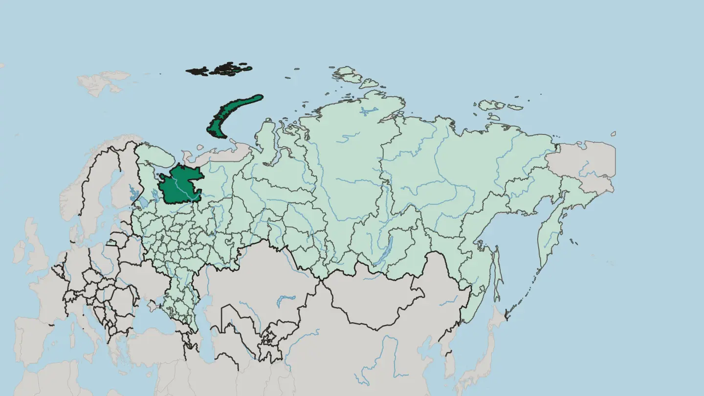 Map of Arkhangelsk Oblast in Russia