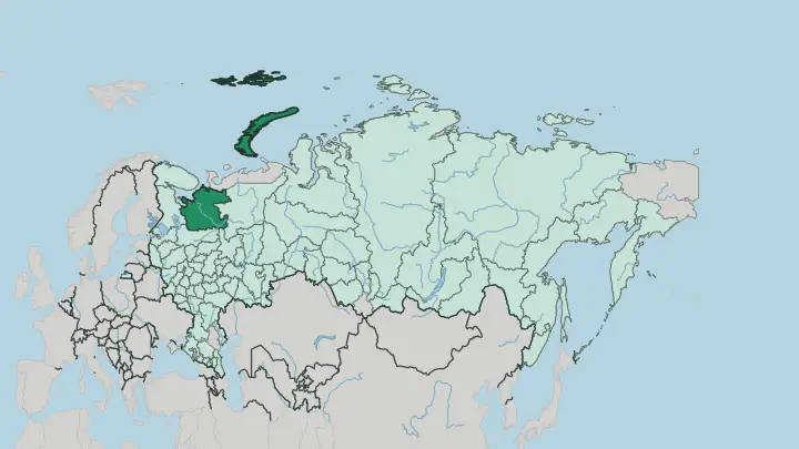 Map of Arkhangelsk Oblast in Russia