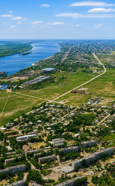 Aerial of Astrakhan's low-rise sprawl along the wide Volga river and its green delta islands.