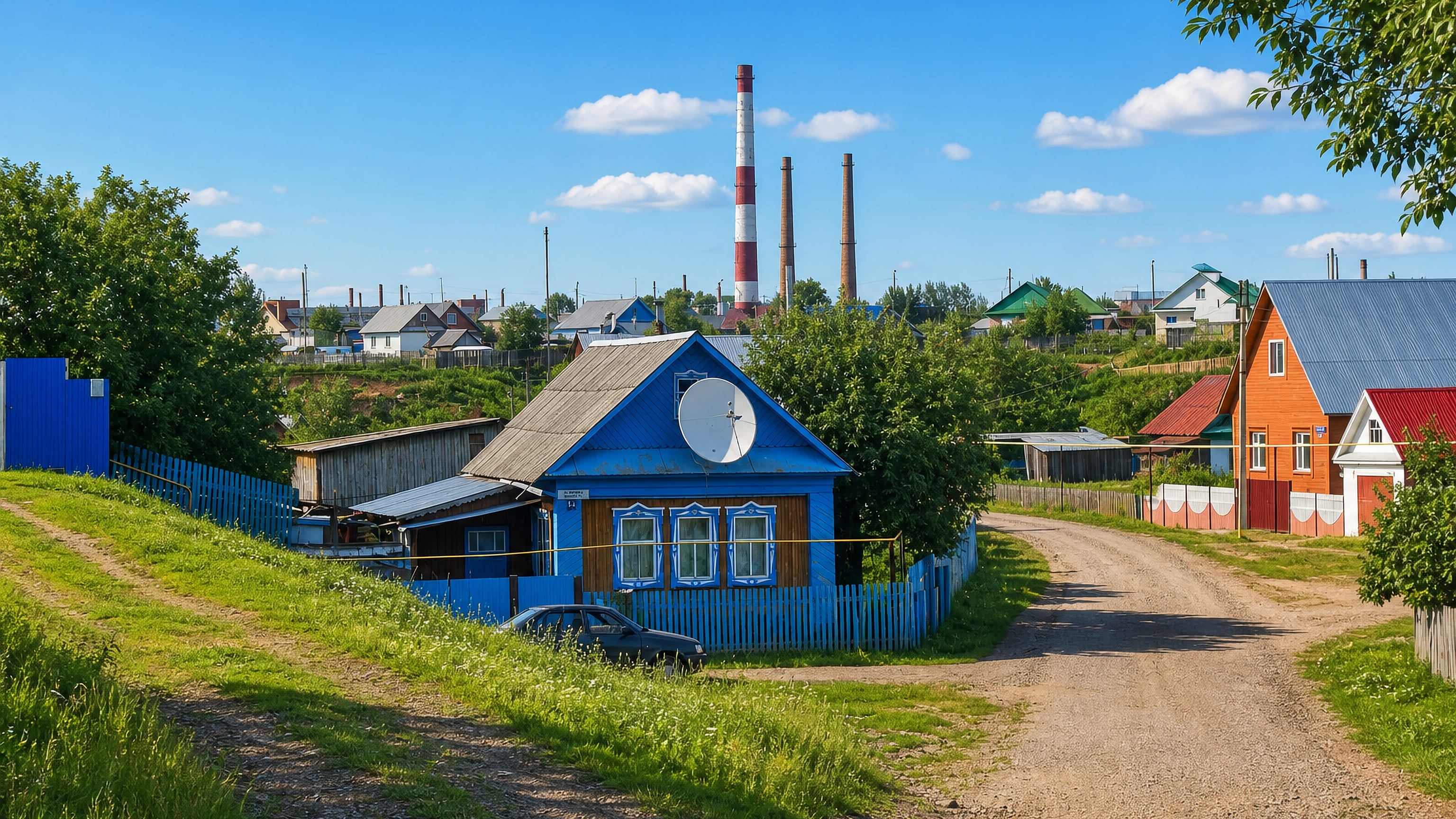 A blue wooden house on a lane at the edge of Neftekamsk, Bashkortostan, with industrial chimneys behind
