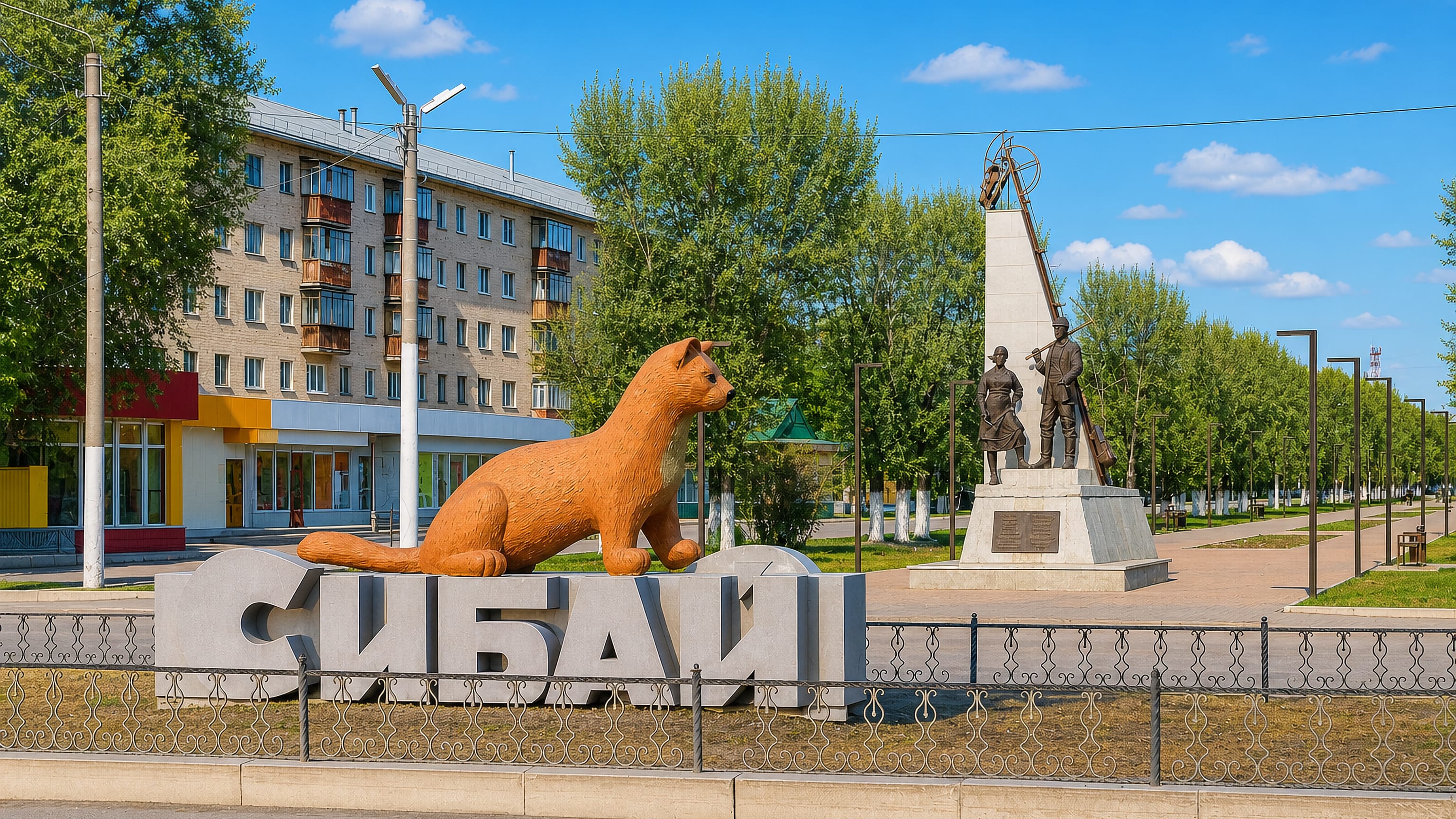 Concrete СИБАЙ city sign topped by an animal statue beside a miners' monument on a tree-lined avenue, Sibay.
