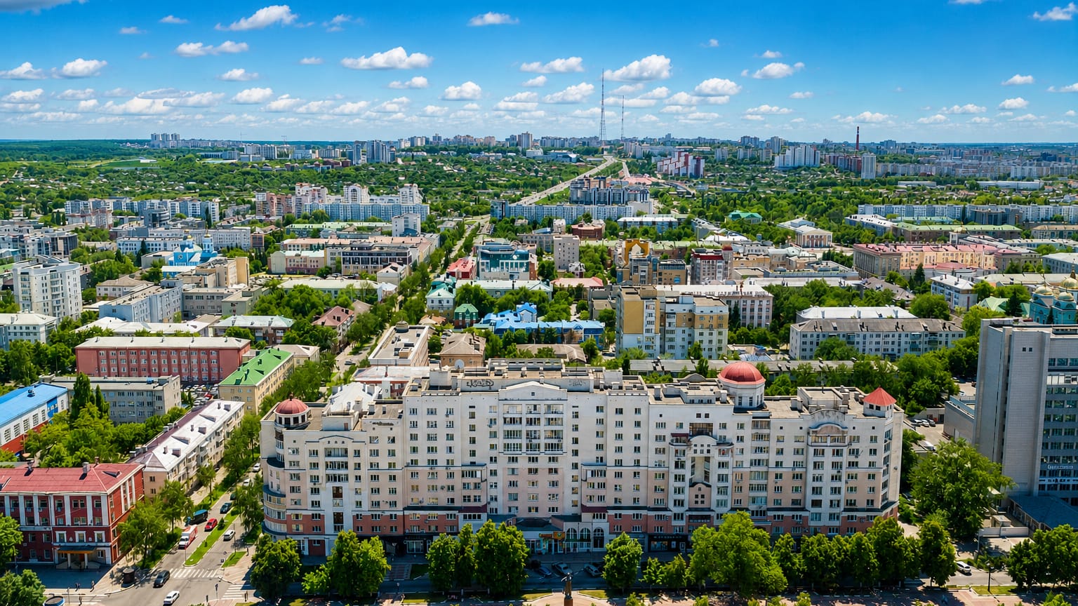Aerial view over Belgorod's tree-lined avenues and a domed neoclassical apartment block in summer