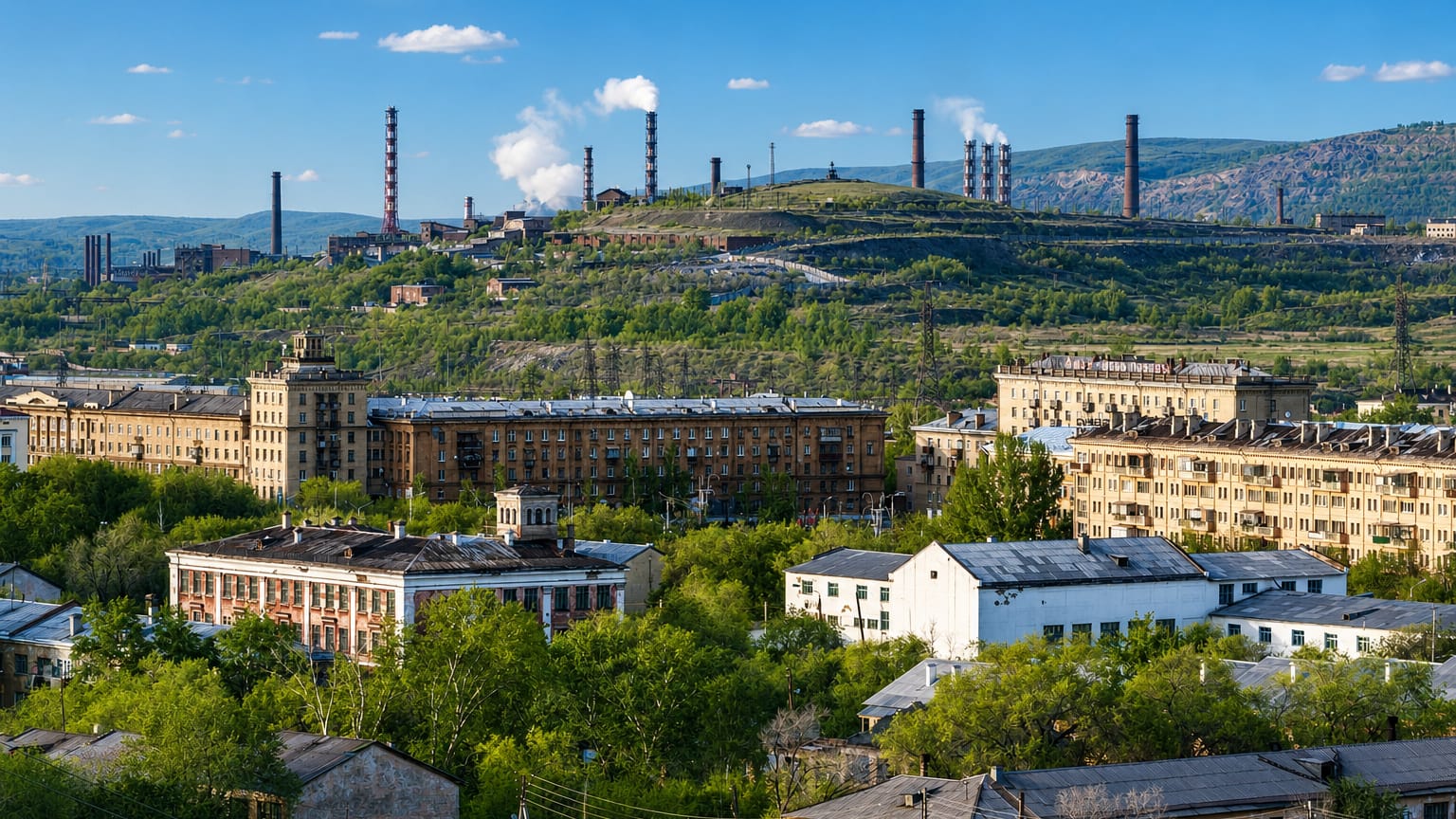 Magnitogorsk townscape with mid-rise apartments below the hillside smokestacks of its steelworks under a blue sky.