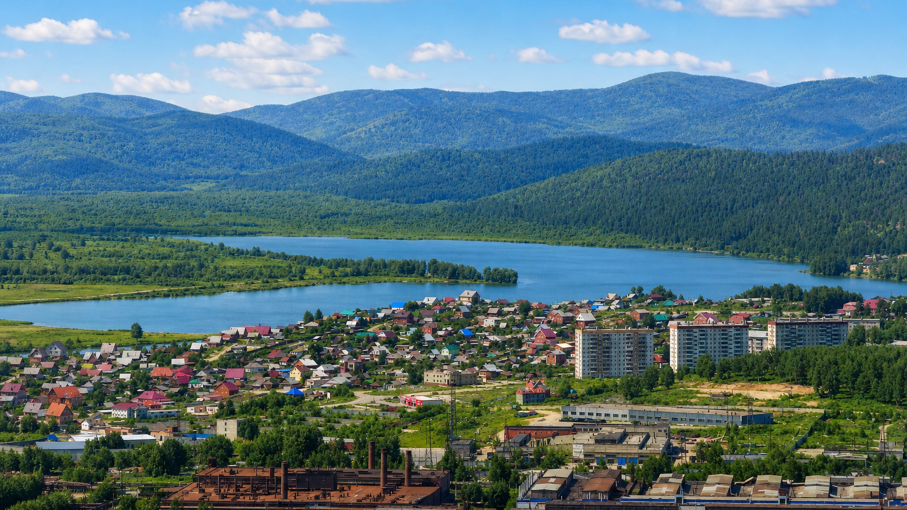 Miass, Russia, spread along a lake below the forested Ural hills, with factories and apartment blocks.