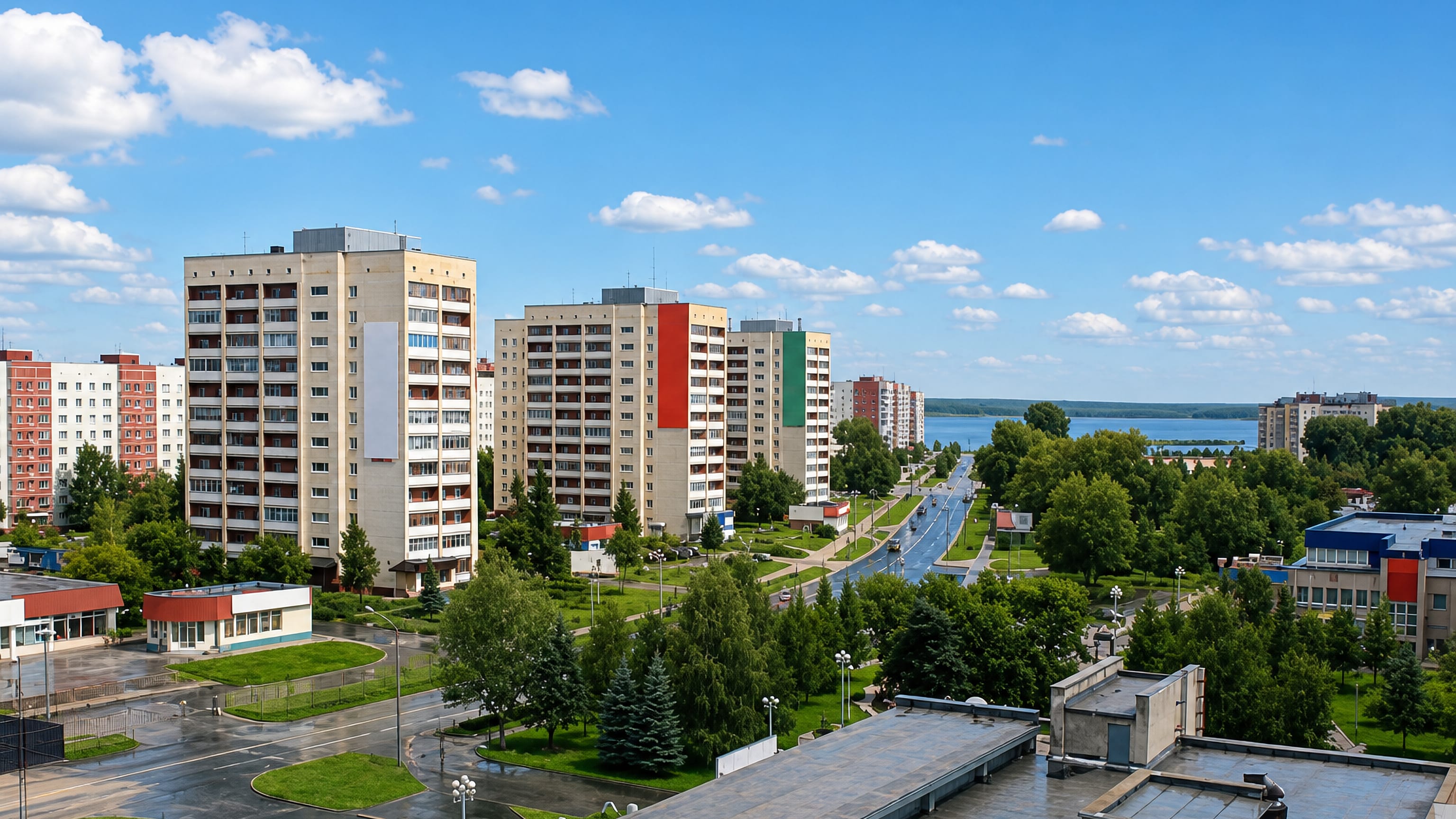 Ozersk's Soviet-era apartment blocks lining a tree-shaded avenue that runs down toward the lakeshore