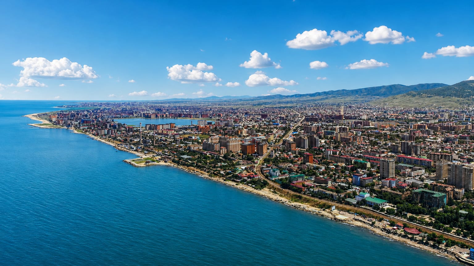 Aerial view of Makhachkala stretching along the Caspian Sea coast with hills behind.