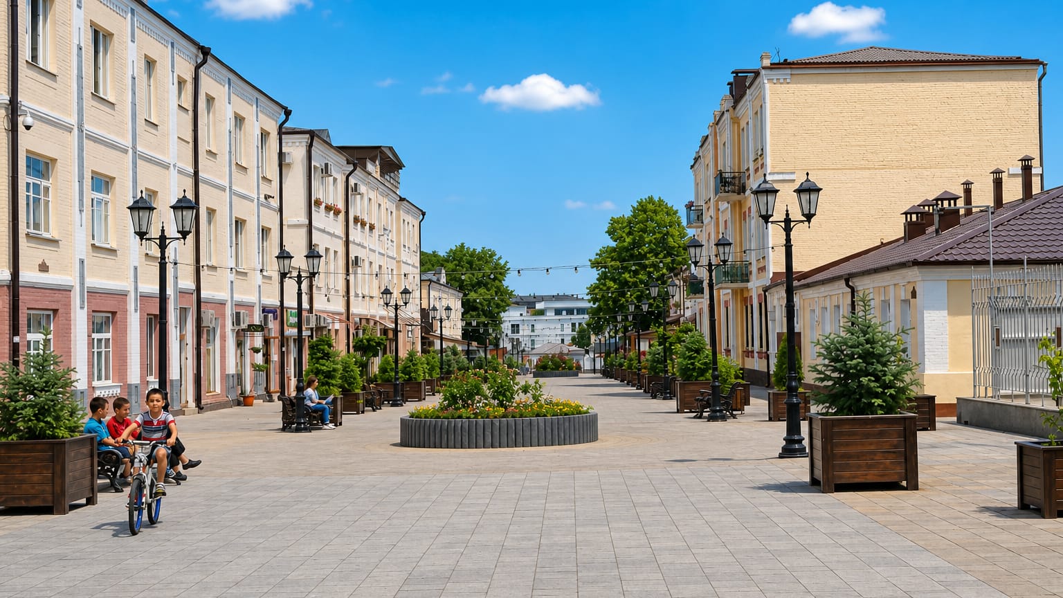 Pedestrian promenade in central Nalchik lined with pastel low-rise buildings, planters and street lamps under a blue sky.